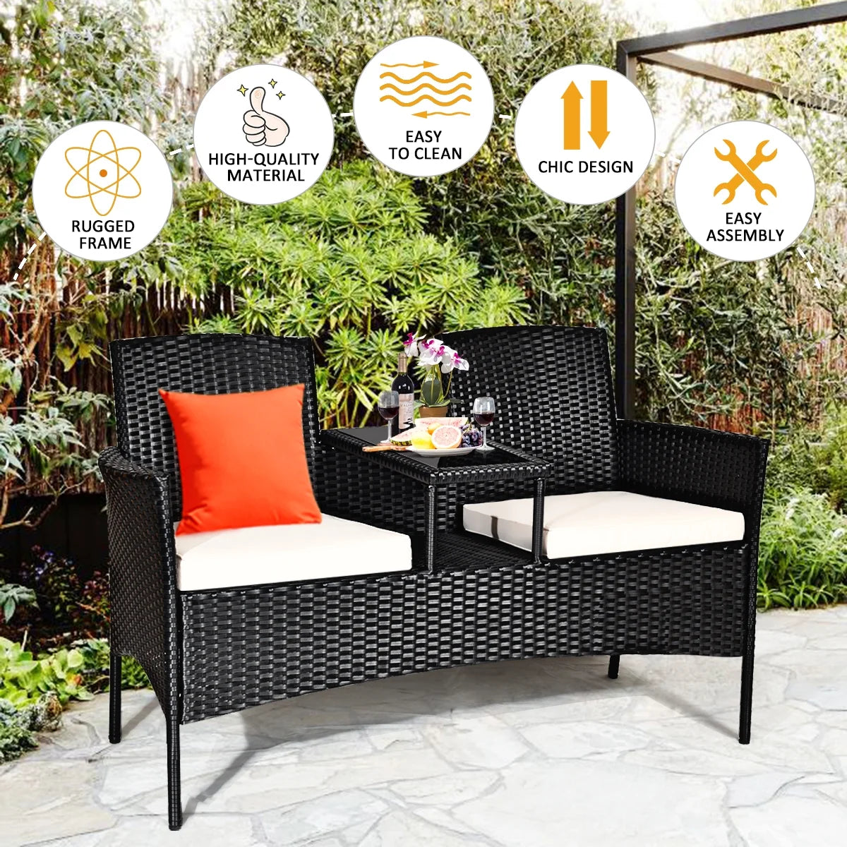 Patio Rattan Conversation Set Seat Sofa Cushioned Loveseat Glass Table Chairs