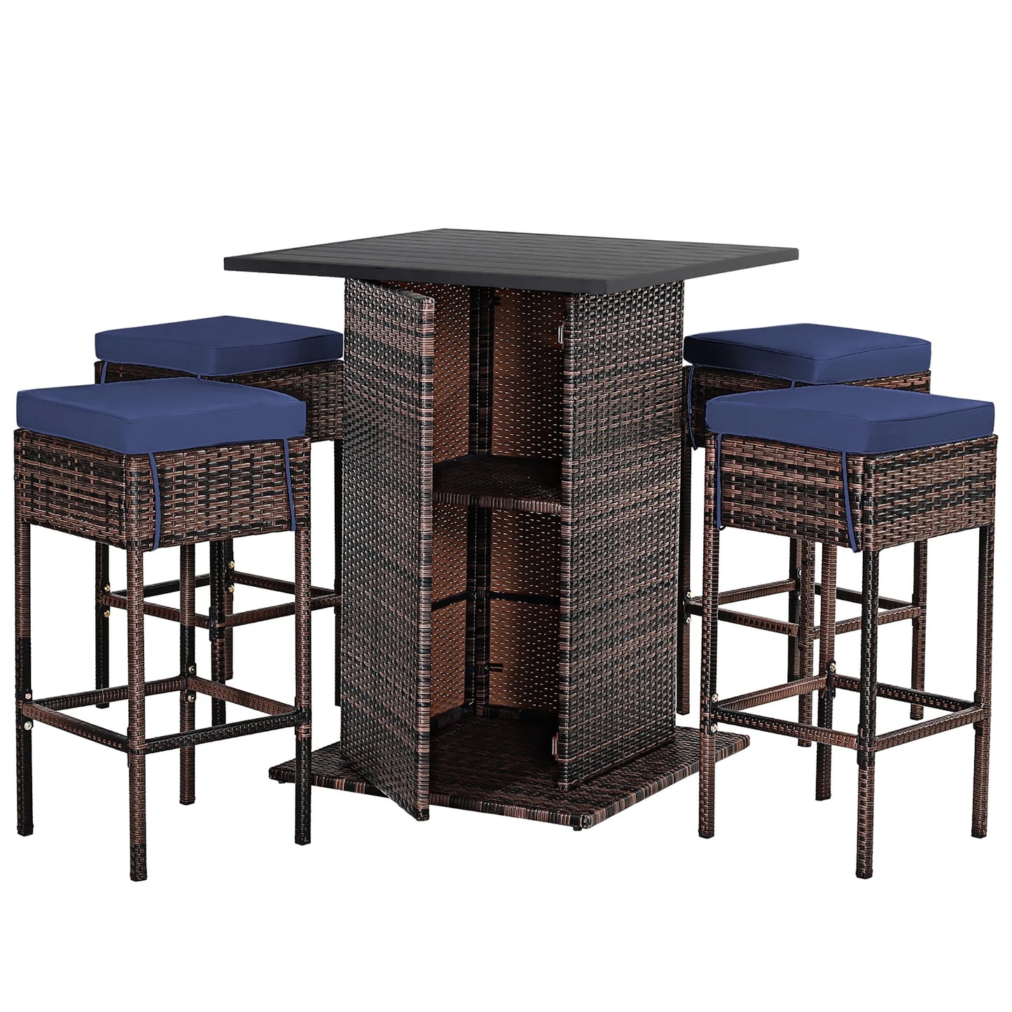 5PCS Patio Rattan Bar Table Stool Set Hidden Storage Shelf Cushioned Navy