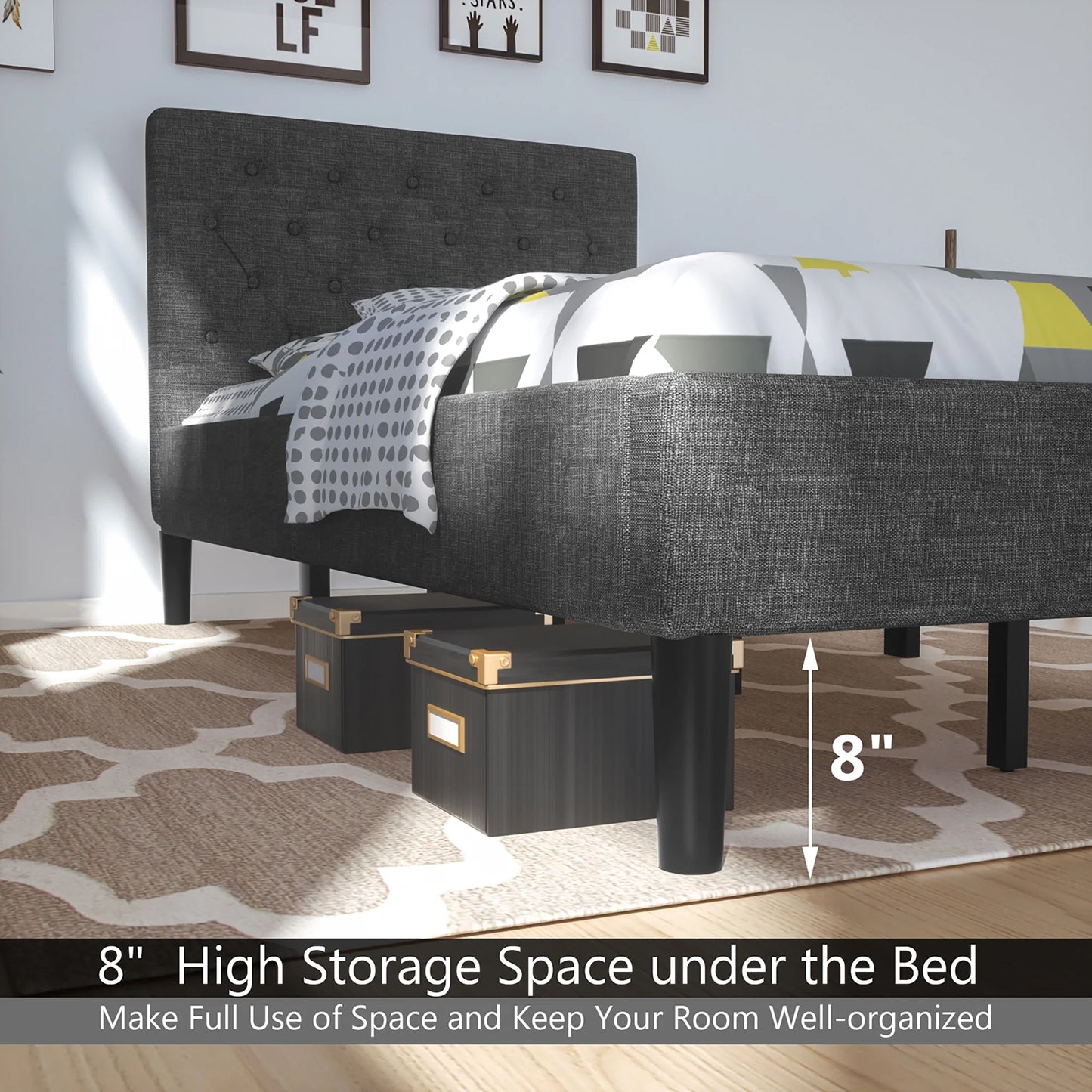Twin Upholstered Bed Frame Diamond Stitched Headboard Wood Slat Support