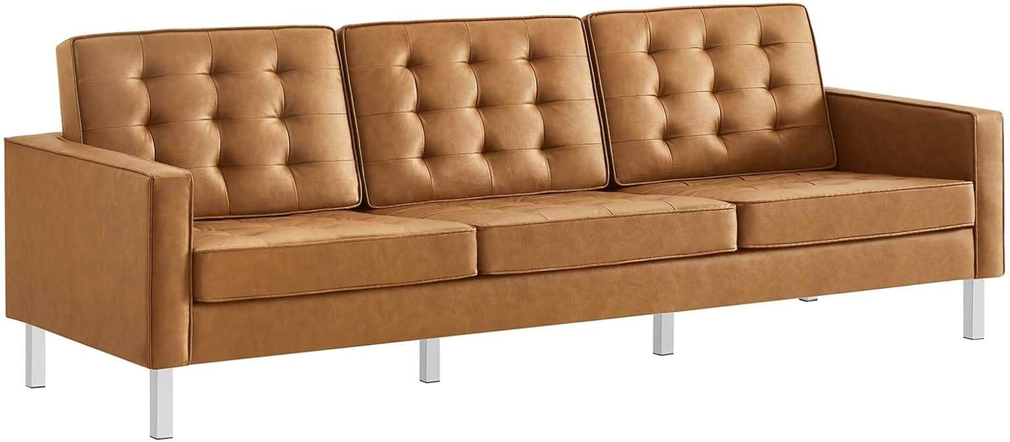 Loft Tufted Button Faux Leather Upholstered Loveseat in Silver Black