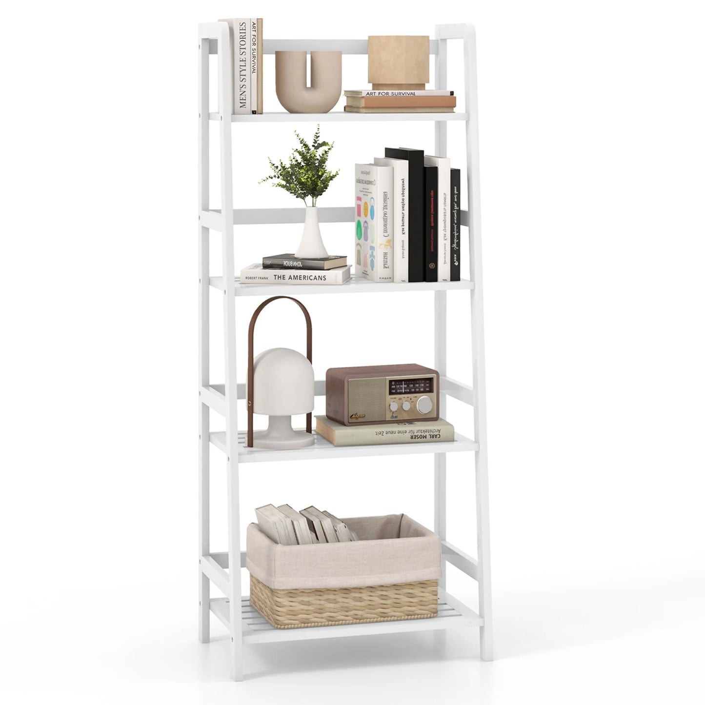 Multifunctional 4 Shelf Bamboo Bookcase Ladder Plant Flower Stand Rack Storage