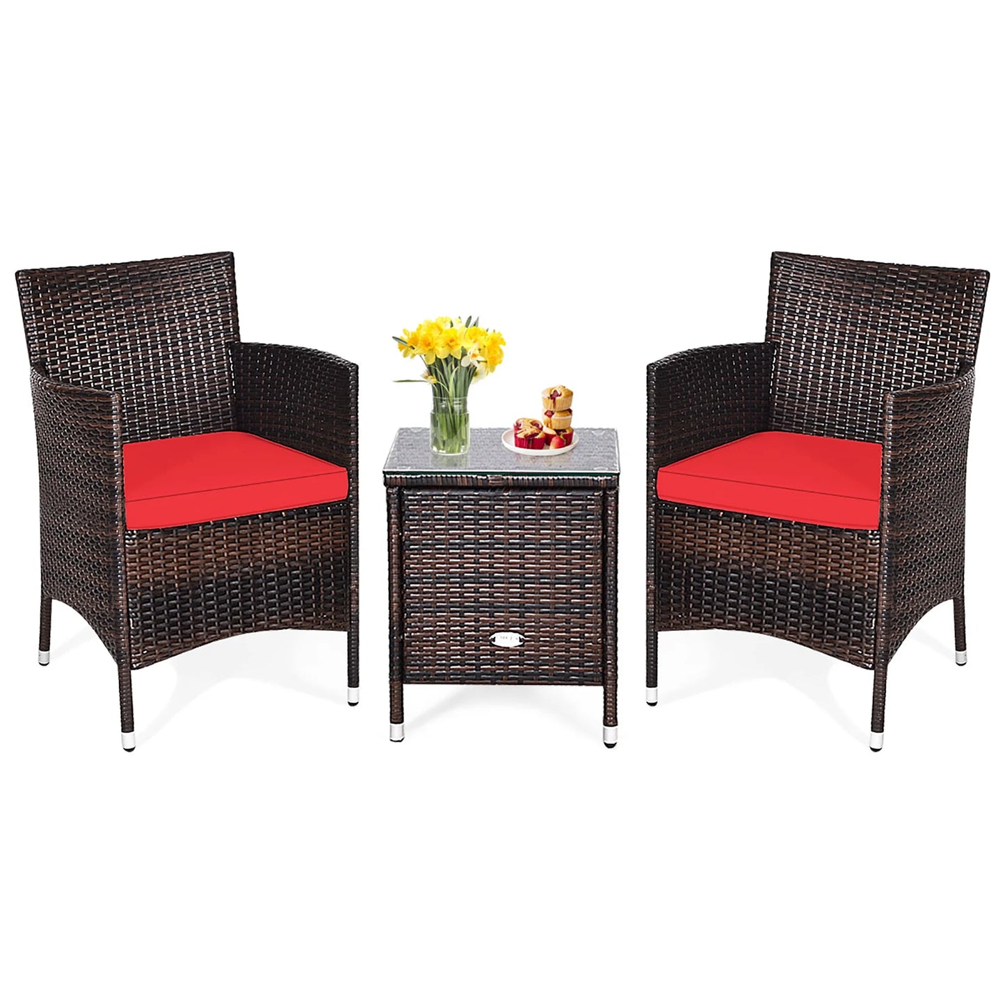 Outdoor 3 PCS PE Rattan Wicker Furniture Sets Chairs Coffee Table Garden Red