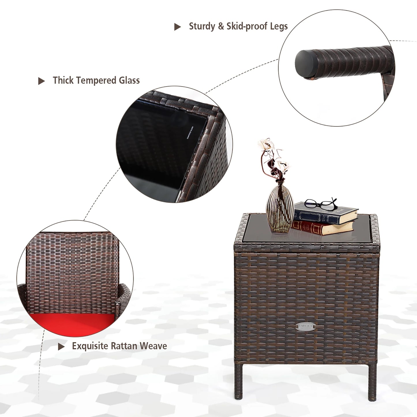 3PCS Patio Rattan Furniture Set Cushioned Sofa Glass Tabletop Deck Red