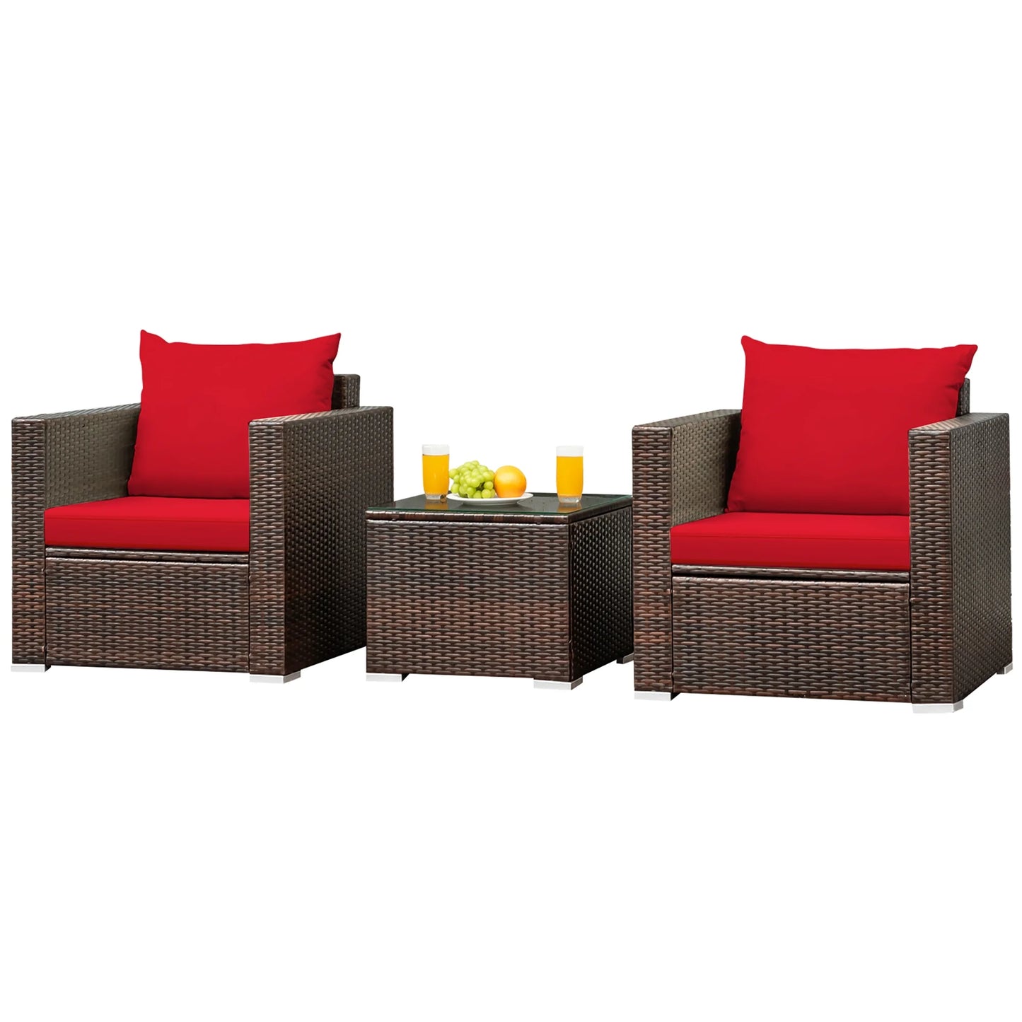 3PCS Patio Rattan Furniture Set Conversation Sofa Cushioned Garden Red