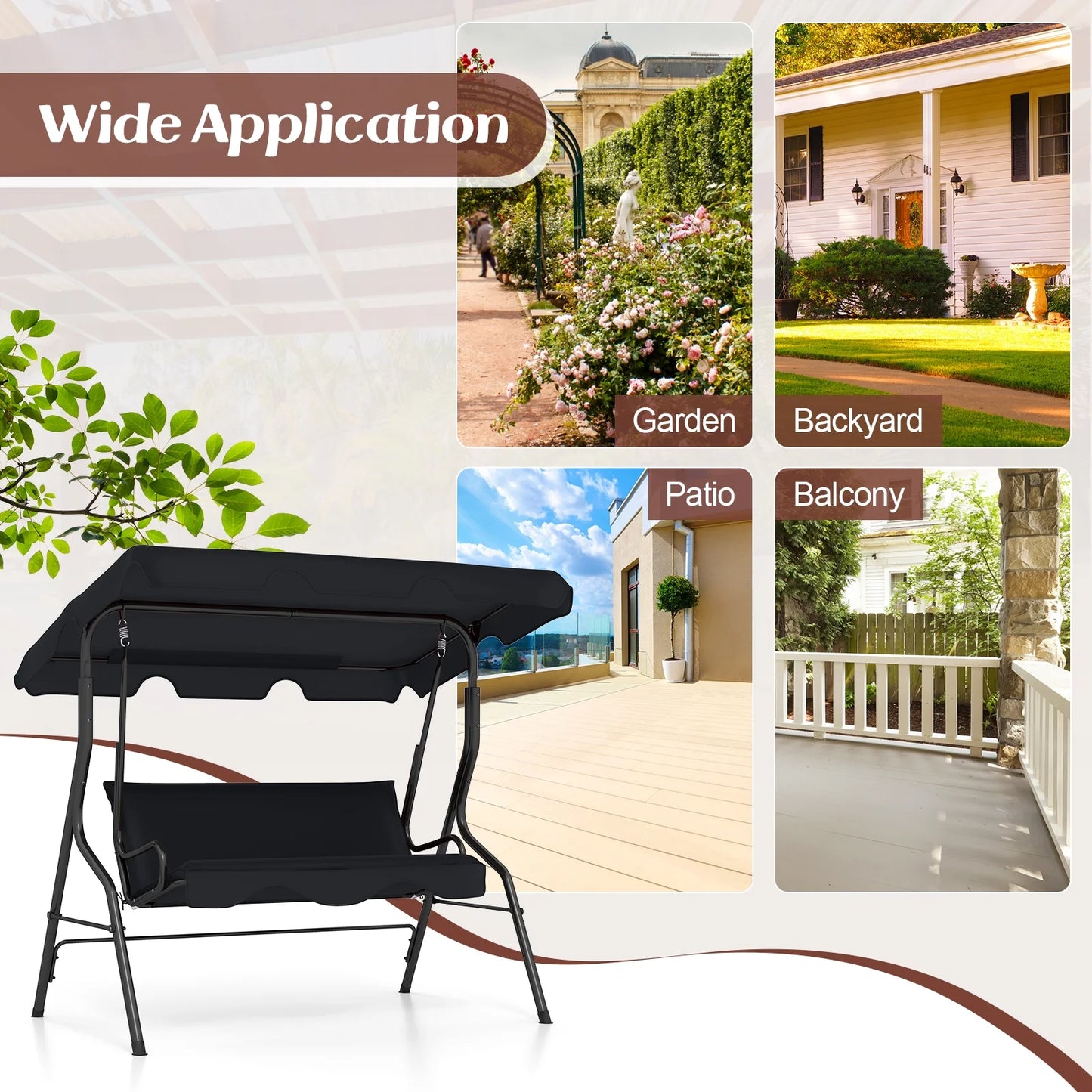 Patio 3 Seats Canopy Porch Swing Glider Hammock Cushioned Steel Frame Outdoor Black