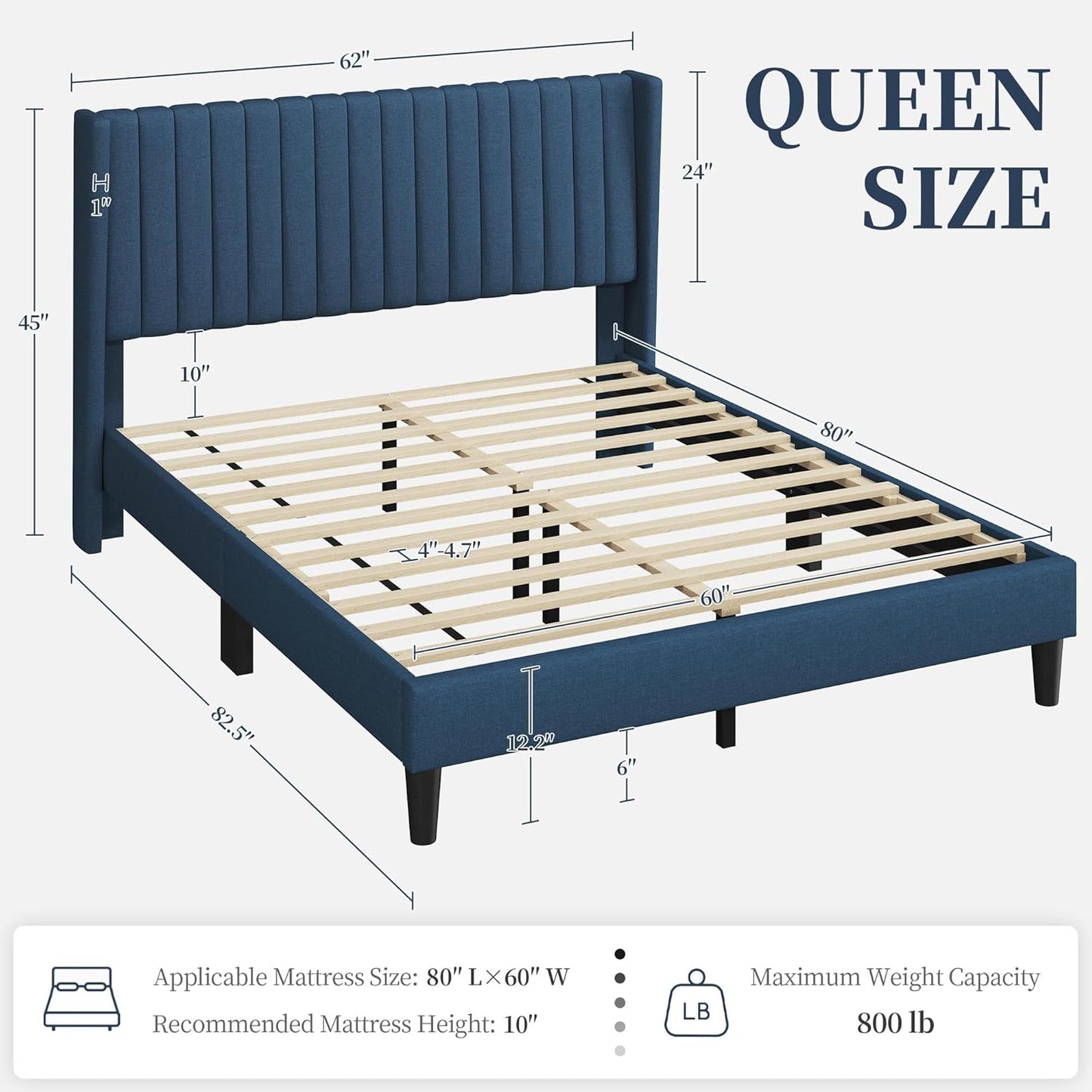 Queen Bed Frame Upholstered Platform Bed with Fabric Headboard, Wing Edge Design/Non-Slip and Noise-Free/Wooden Slats Support/No Box Spring Needed/Easy Assembly, Navy Blue Queen Bed
