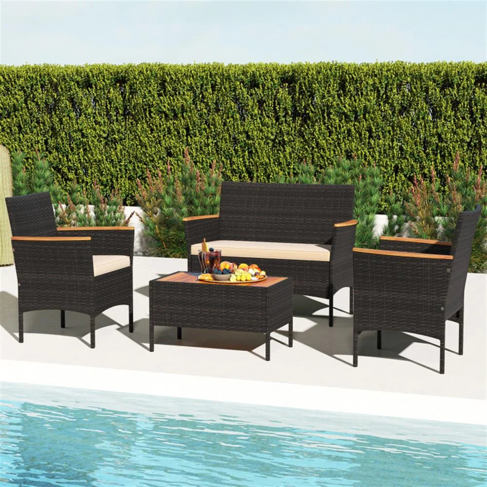 Patio Furniture Sets,Outdoor & Patio Furniture Sets,4 Piece Patio Wicker Sofa Set 2 Rattan Chairs and Loveseat with Table-Brown