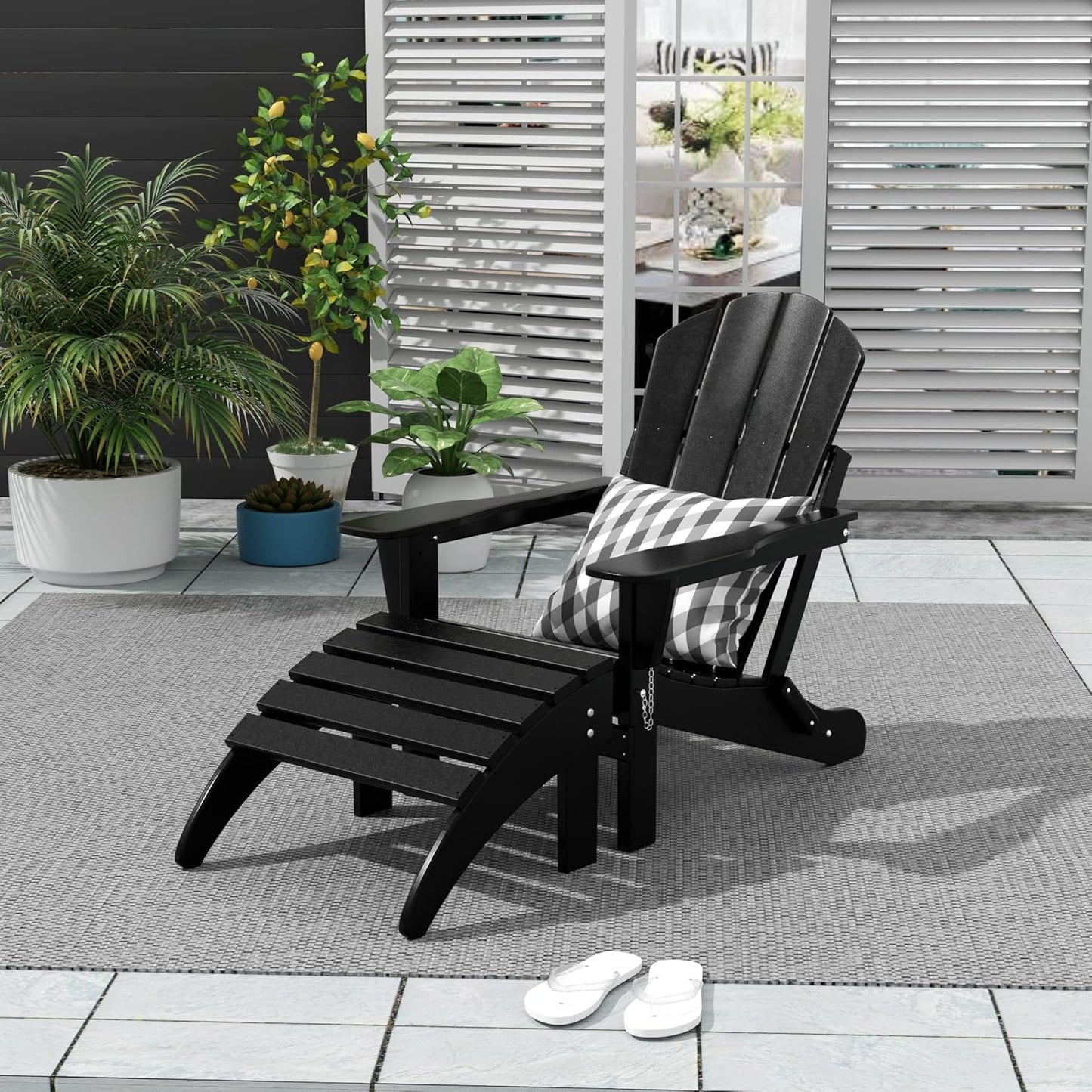 WO Home Furniture Adirondack Chair Outdoor Ottoman Set of 2 PCS Classic Patio Furniture (Black)