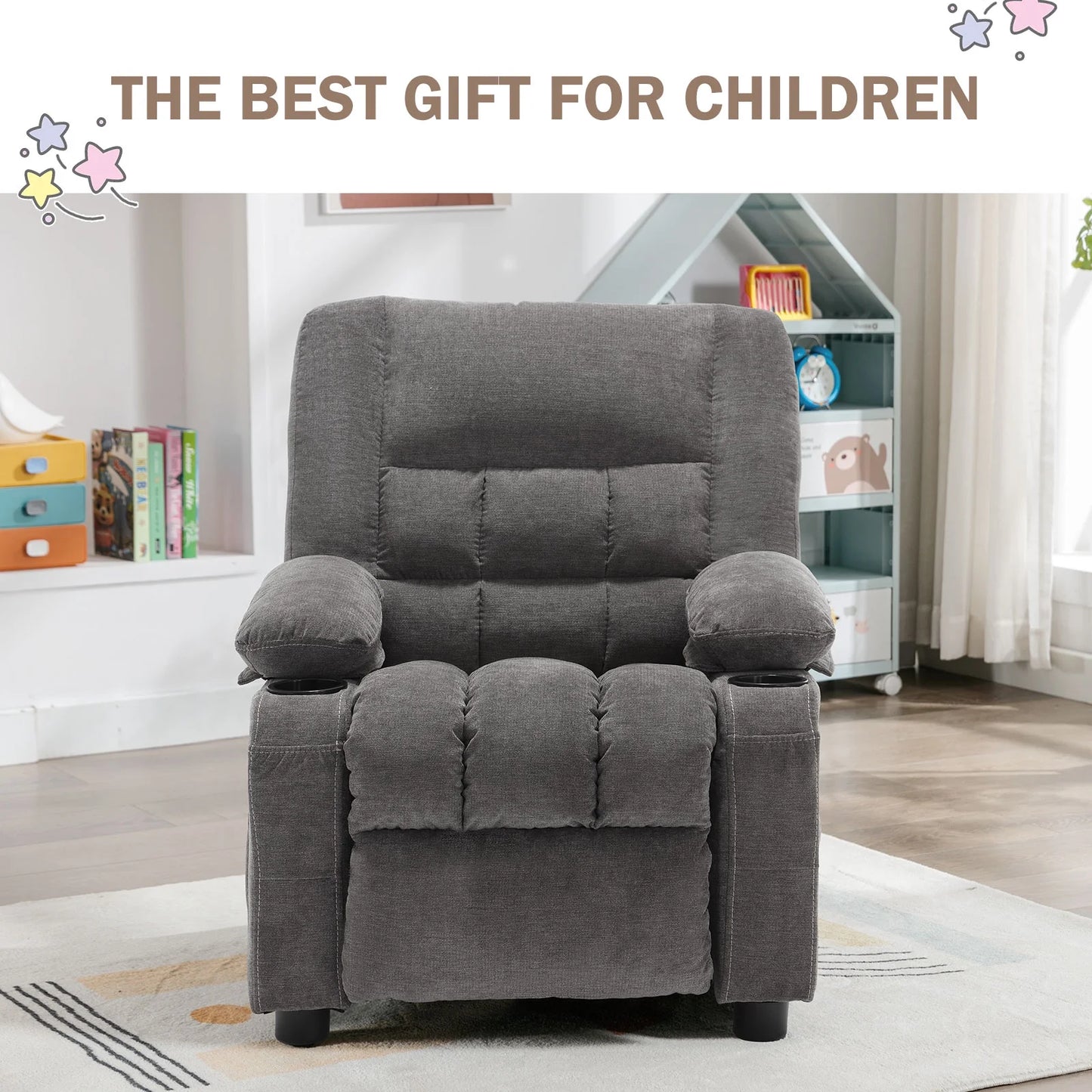 Kids Recliner Chair,Push Back Toddler Recliner with Cup Holders & Side Pockets,Adjustable Footrest & Headrest Kids Sofa for Boys Girls 3+ Age Group, Grey