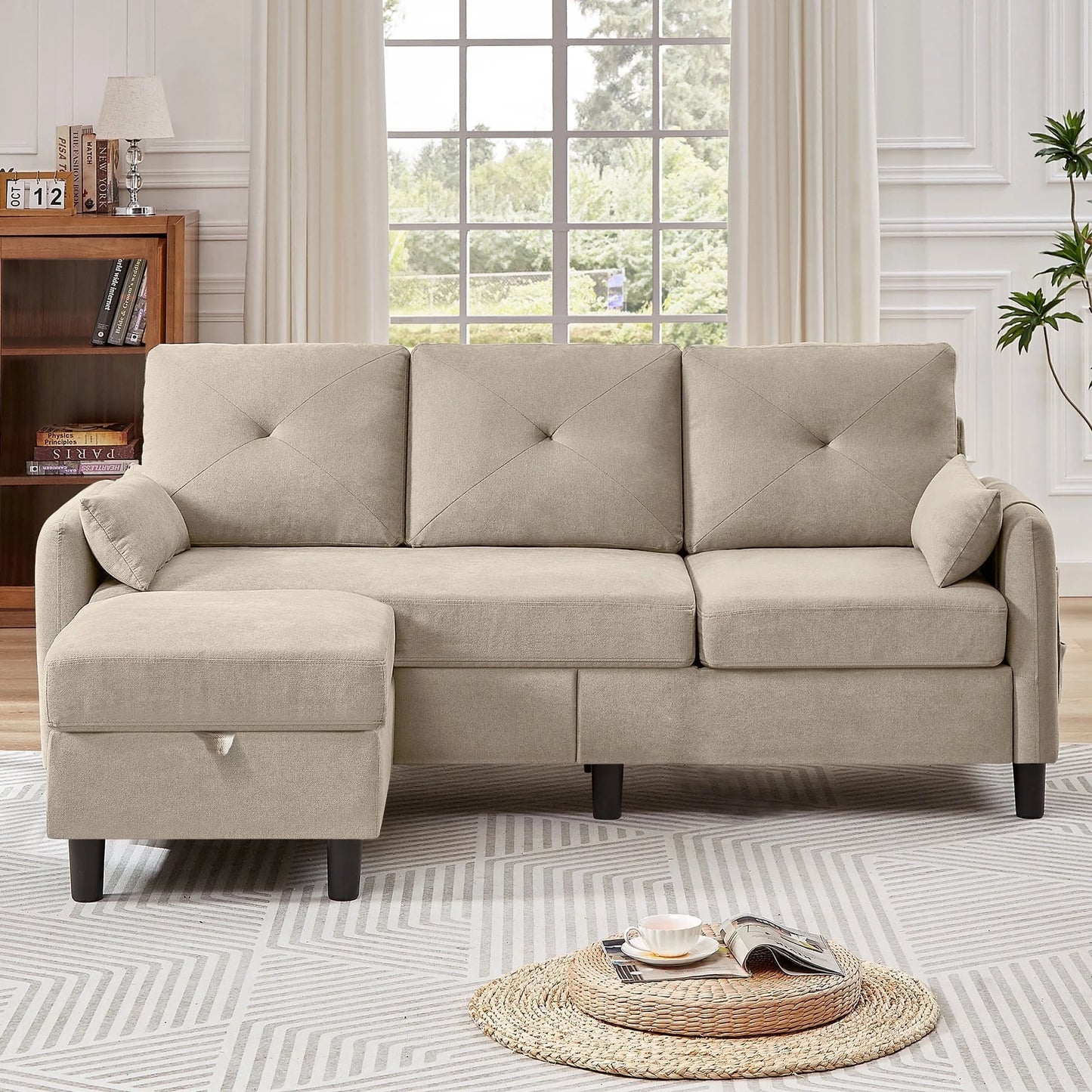 Convertible Sectional Sofa L Shaped Sofa Modern Fabric 3 Seat Couch with Reversible Storage Ottoman and Side Storage Pocket for Living Room Office Apartment Studio