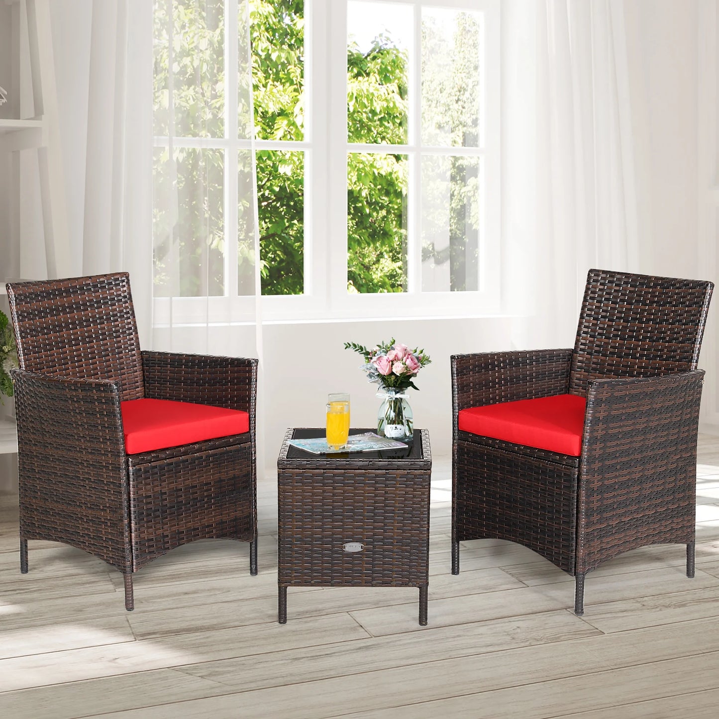 3PCS Patio Rattan Furniture Set Cushioned Sofa Glass Tabletop Deck Red