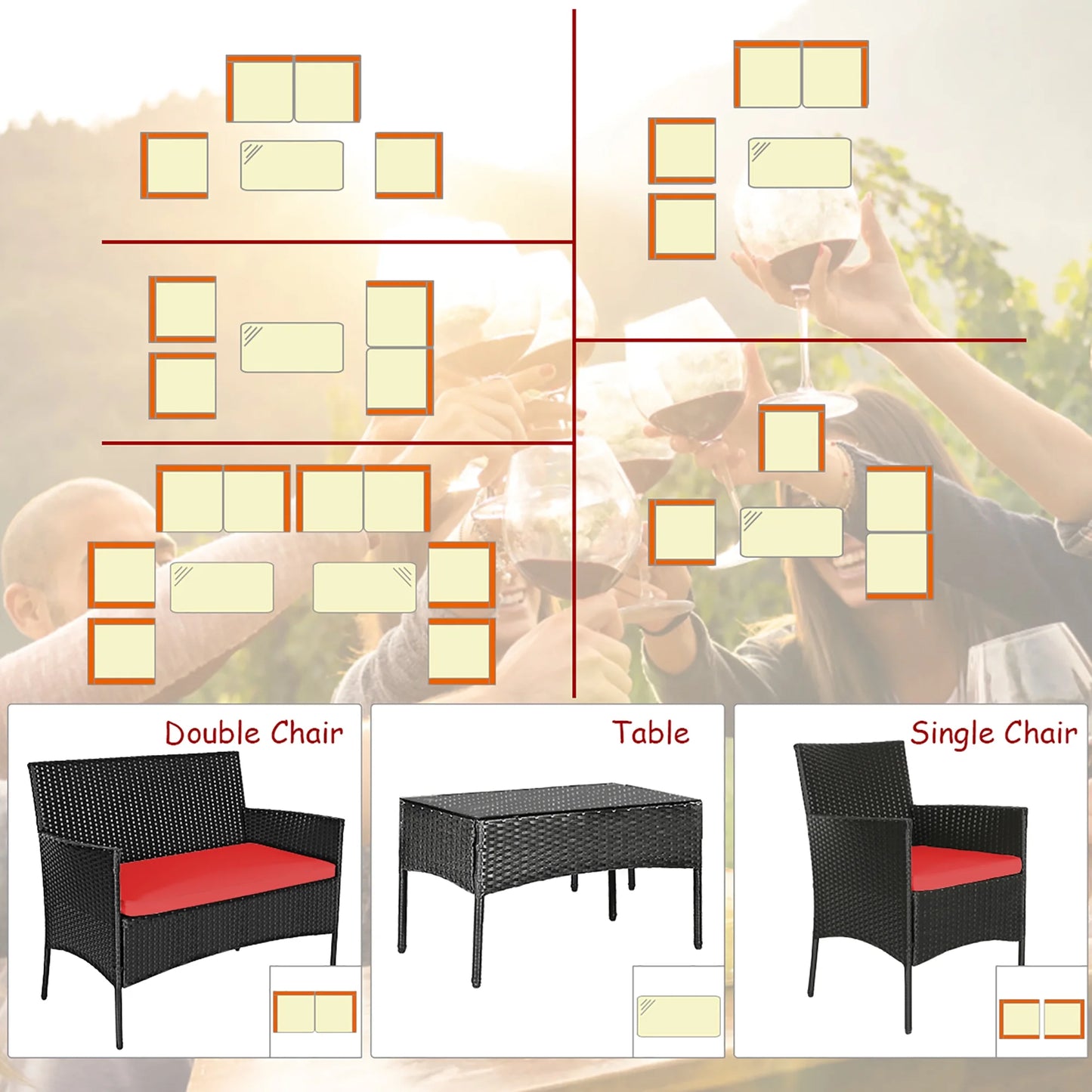4PCS Patio Rattan Furniture Set Cushioned Sofa Coffee Table Backyard Porch Red
