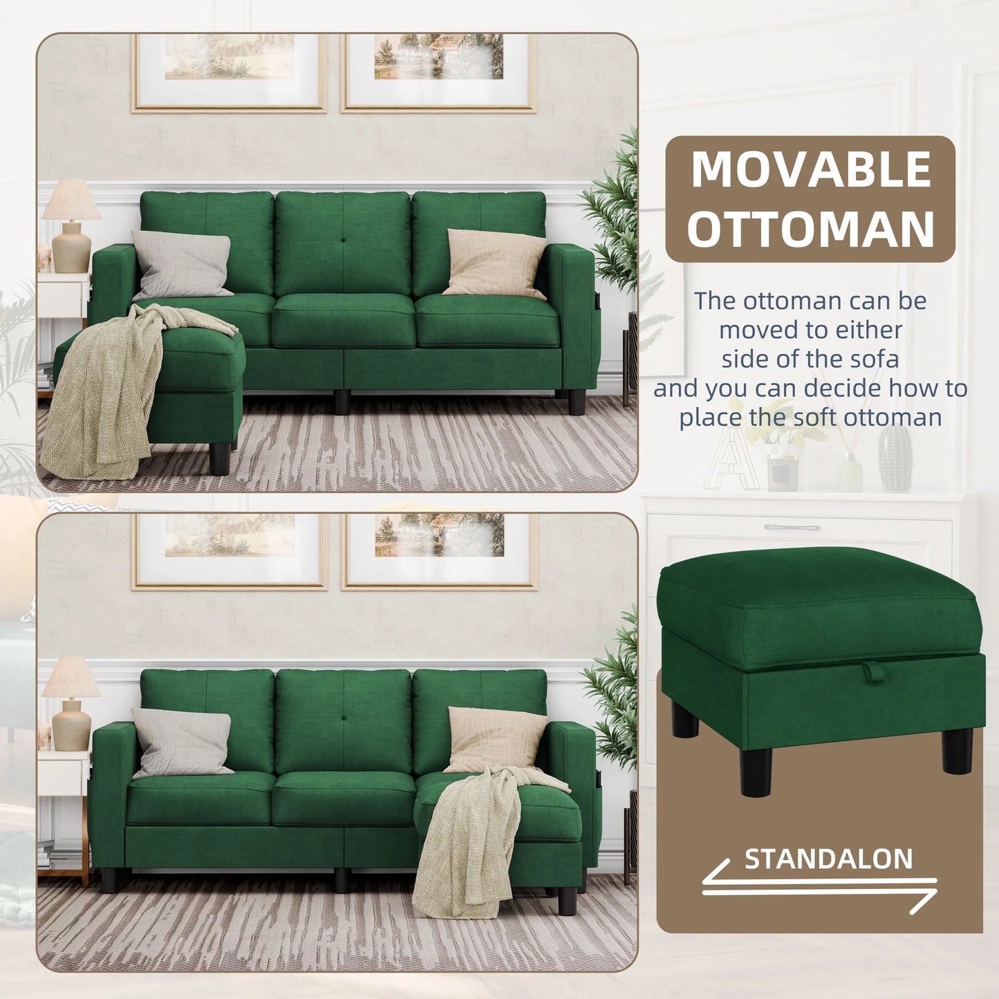 Convertible Sectional Sofa Couch, Modern Linen Fabric L-Shaped 3-Seat Sofa Sectional with Reversible Chaise for Small Space (Green)