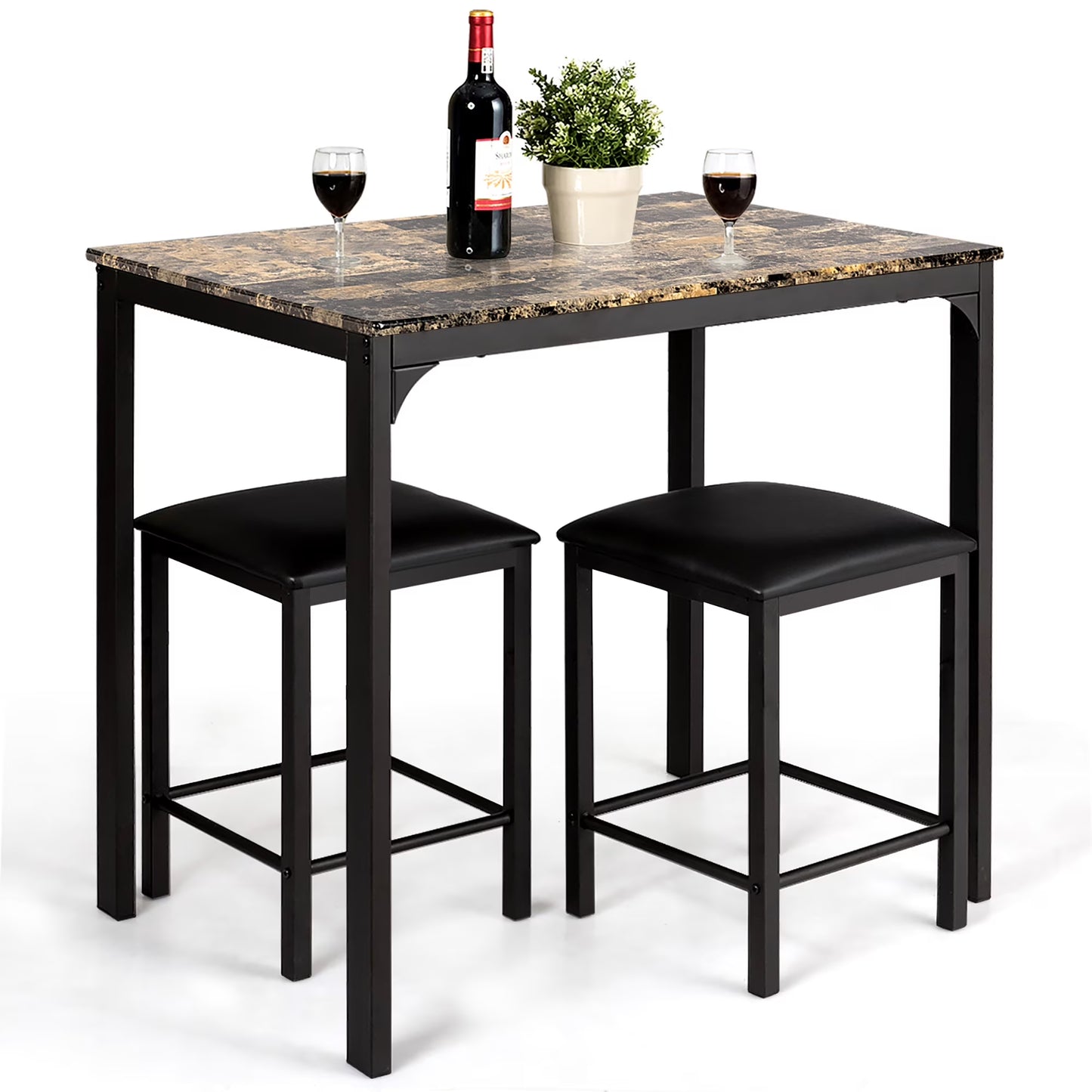 3 Piece Counter Height Dining Set Faux Marble Table and 2 Chairs Kitchen Bar