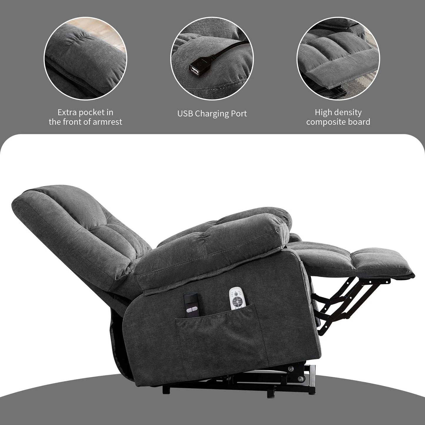 Power Lift Recliner Chair Recliners for Elderly with Heat and Massage Recliner Chair for Living Room with Infinite Position and Side Pocket,Usb Charge Port,Grey