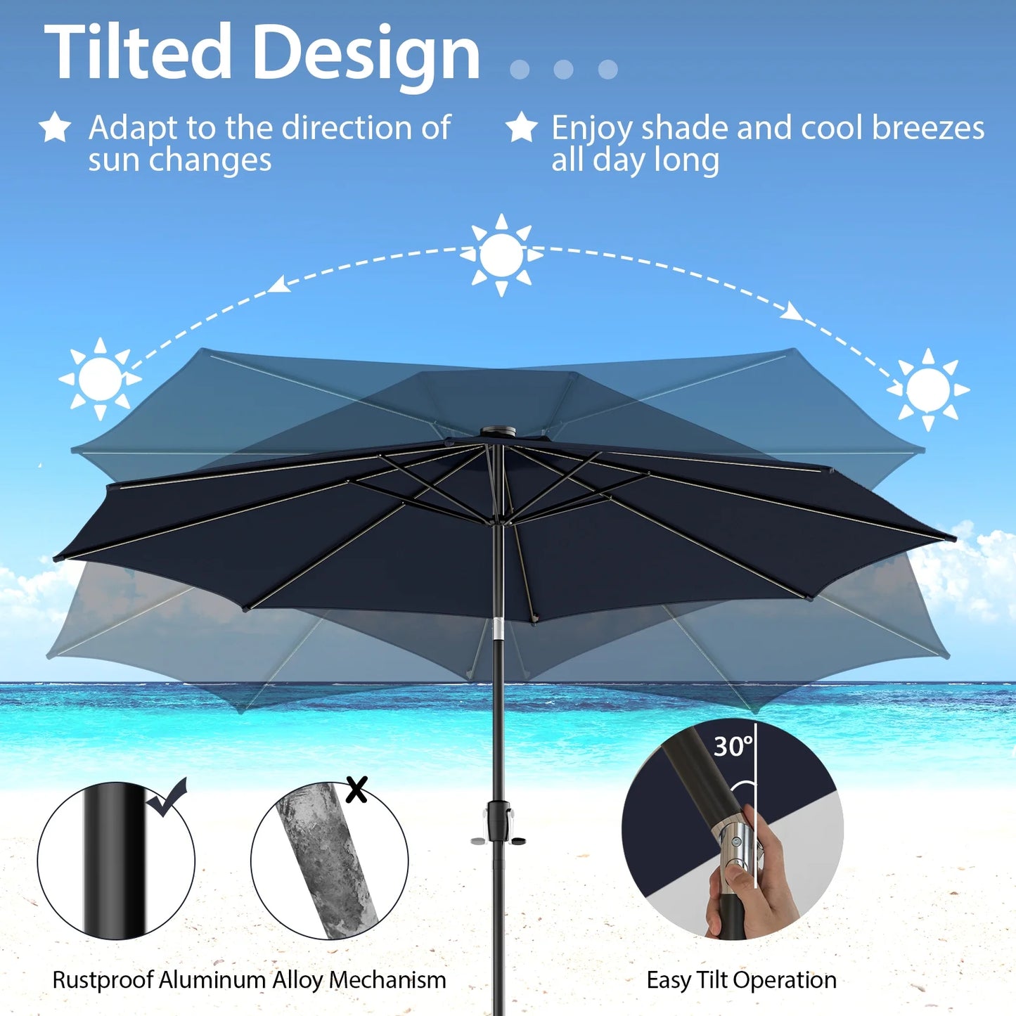 10' Navy round Market Patio Umbrellas, Solar Lighted
