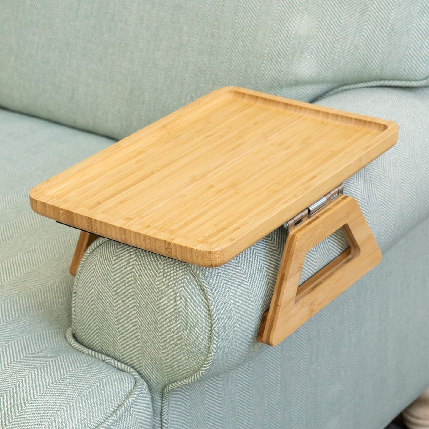 Bamboo Trayble Couch Arm Table, Clip on Tray Sofa Table for Couches. Sofa Arm Tray, Armchair Table for TV Dinners, Remotes, Drinks and Snacks - 13.75 X 9.5Inch, Brown