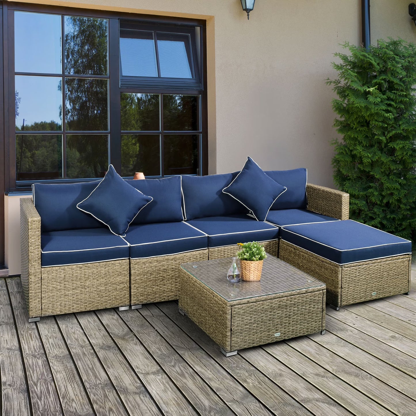 6 Pieces Patio Furniture Sets Outdoor Wicker All Weather PE Rattan Sectional Sofa Set with Ottoman, Cushions & Tempered Glass Desktop, Gray