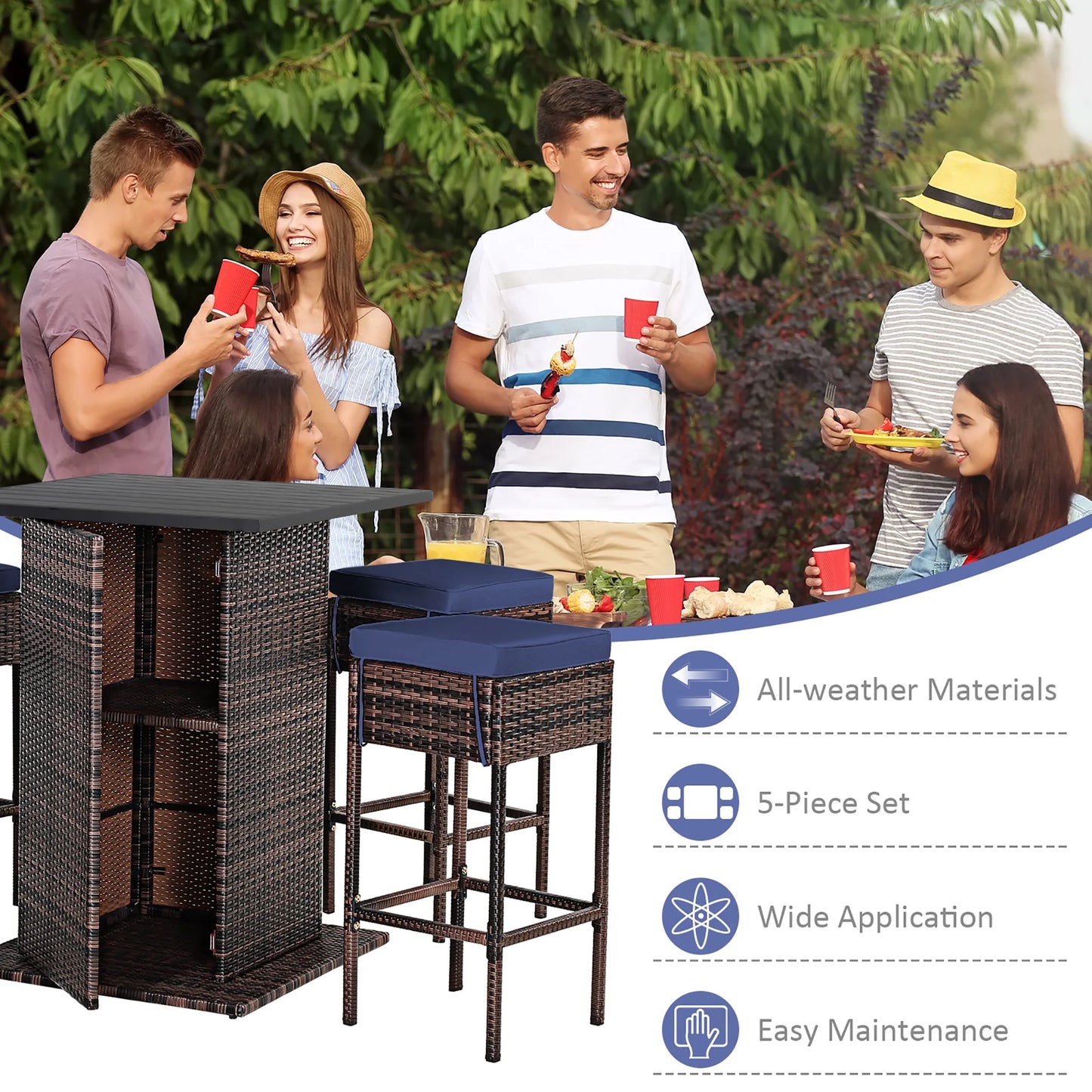 5PCS Patio Rattan Bar Table Stool Set Hidden Storage Shelf Cushioned Navy