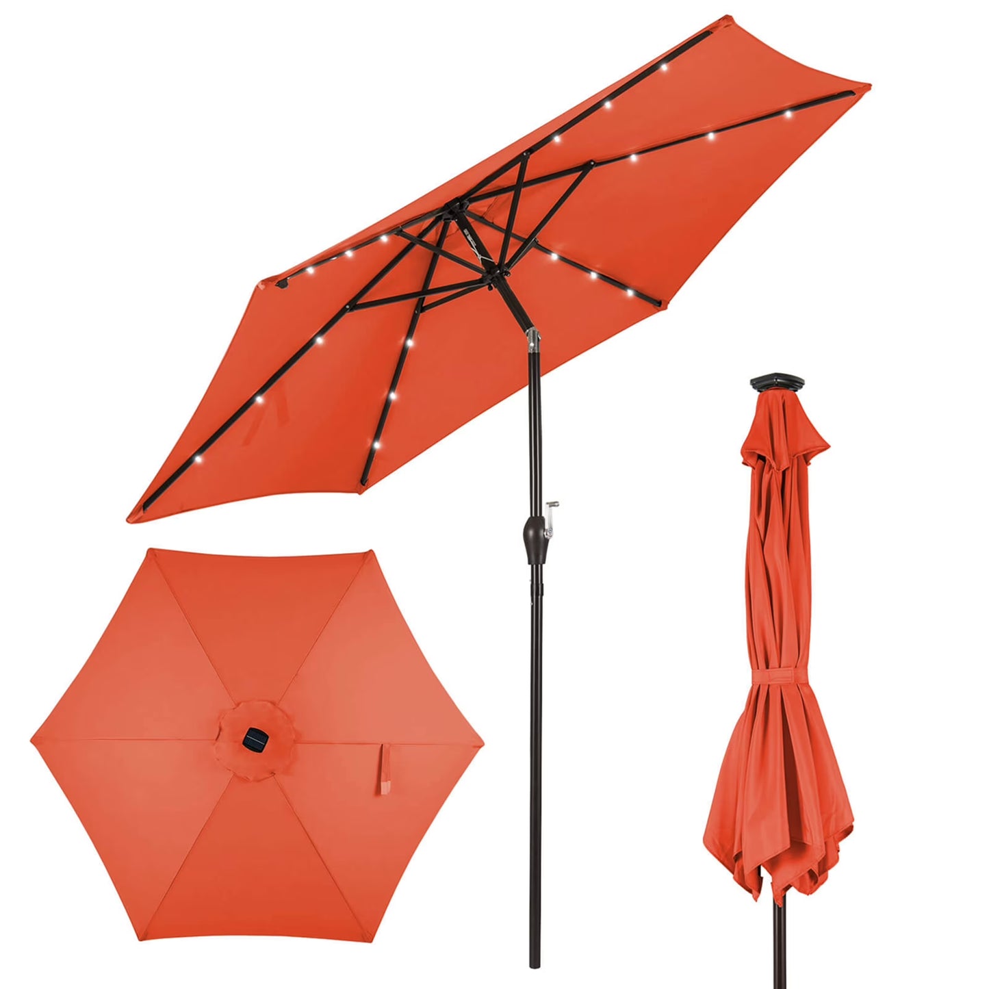 9FT Patio Solar Umbrella LED Patio Market Steel Tilt W/ Crank Outdoor