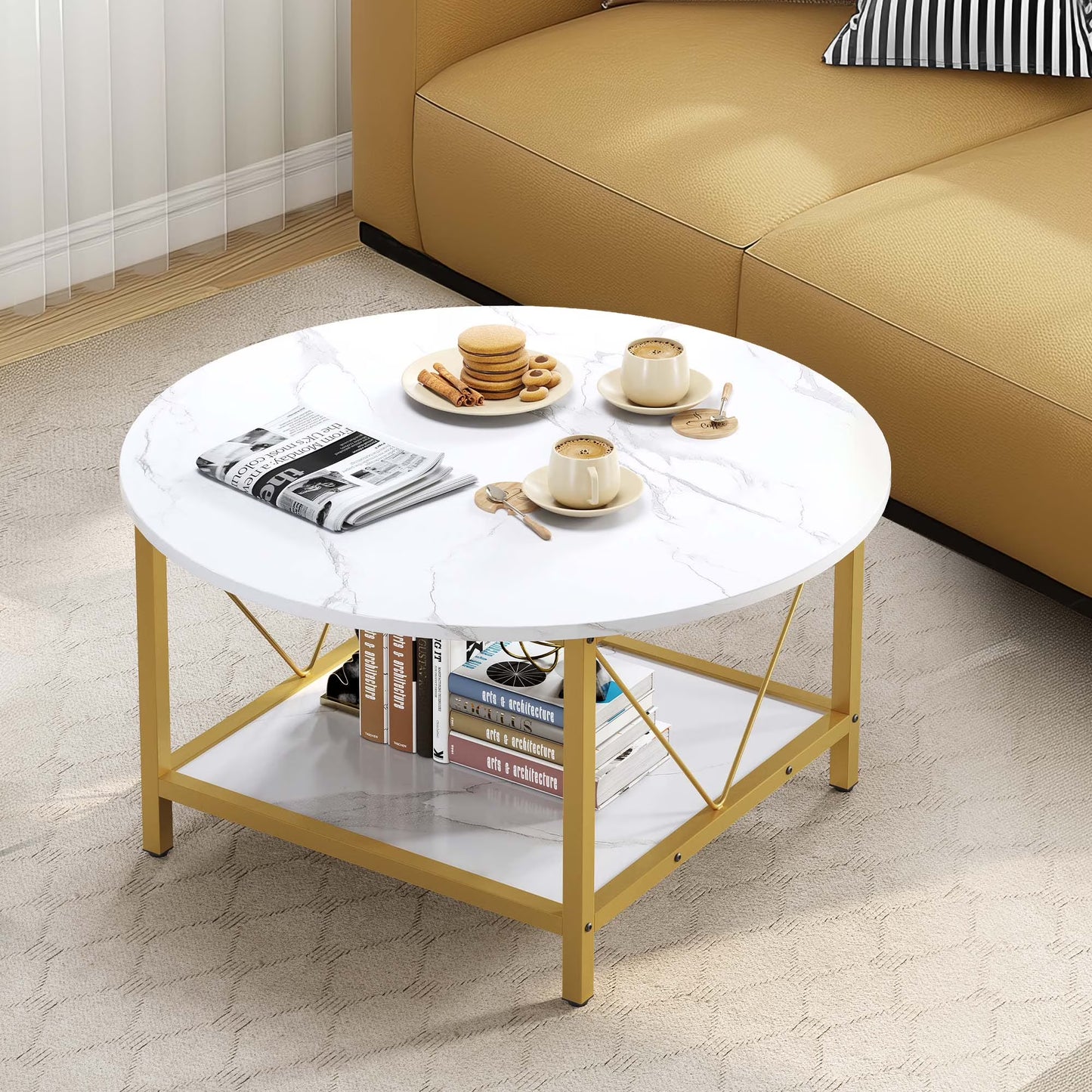 round Coffee Table with Storage, Rustic Living Room Tables with Sturdy Metal Legs, Brown