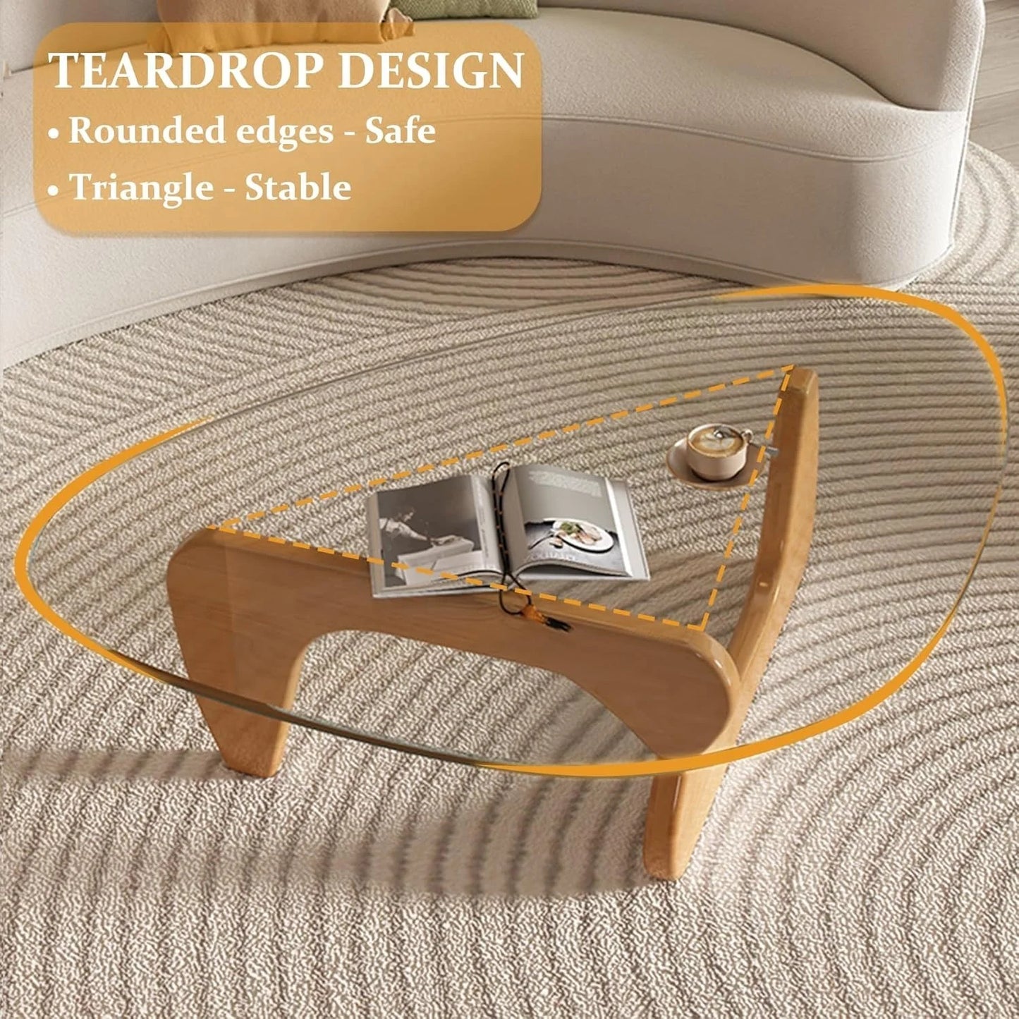 Coffee Tables for Living Room - Triangle Glass Coffee Table with Wooden Base Mid-Century Modern Abstract End Table for Study Room Office Hotel Balcony (Wood Transparent, Small 32.2 * 22.4 * 16In)