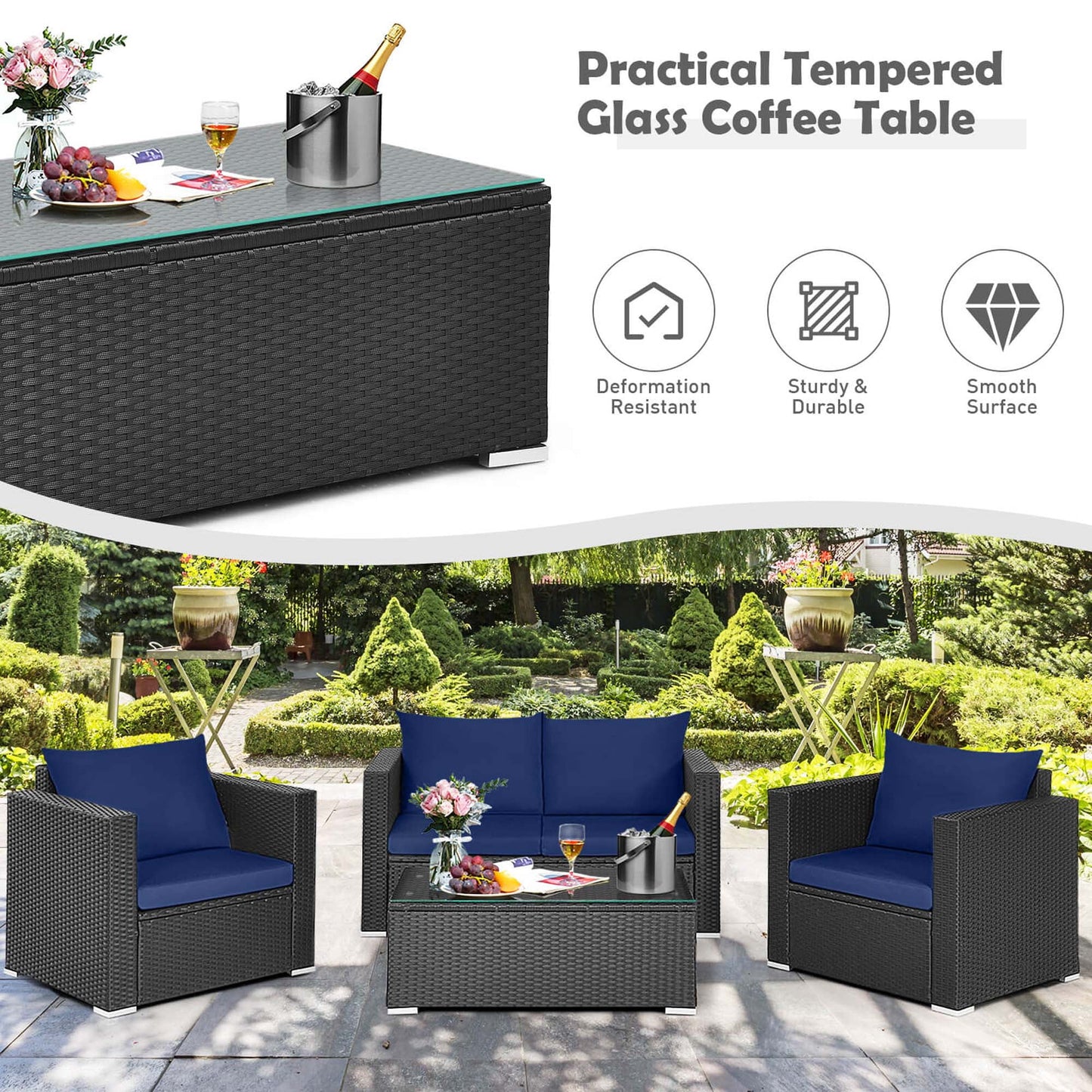 4 PCS Patio Rattan Furniture Set Cushioned Sofa Chair Coffee Table Blue