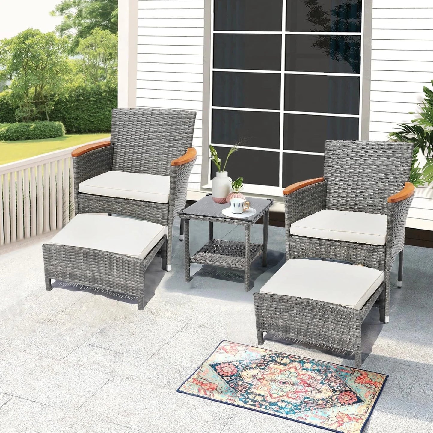 5 Piece Outdoor Patio Furniture Set with Table&Ottoman Outdoor Furniture Patio Set Bistro Wicker Patio Set (Brown Wicker&Khaki Cushion)