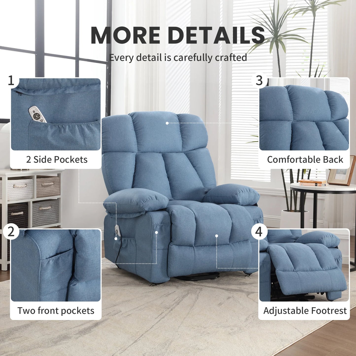 Power Lift Recliner Chair Recliners for Elderly with Heat and Massage Recliner Chair for Living Room with Infinite Position and Side Pocket,Usb Charge Port,Blue