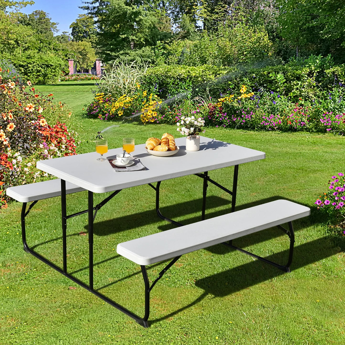 Folding Metal Picnic Table Set, White