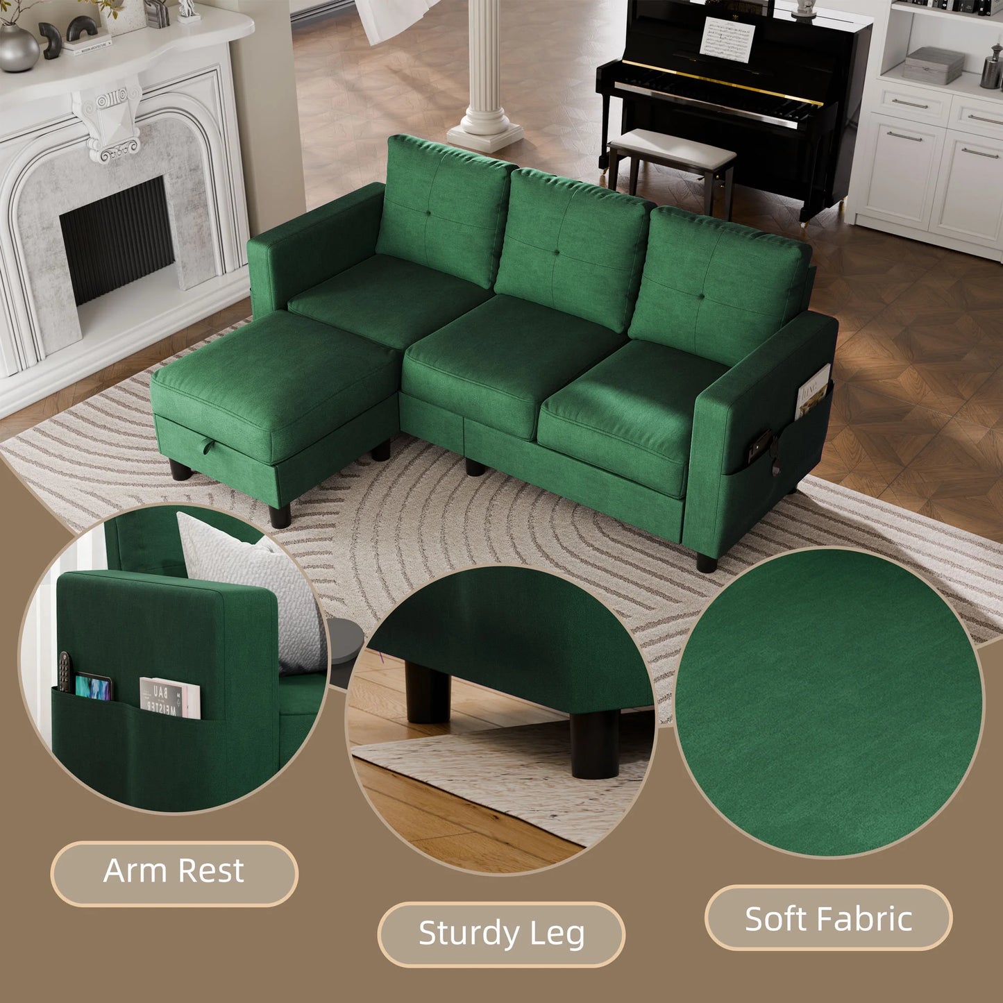 Convertible Sectional Sofa Couch, Modern Linen Fabric L-Shaped 3-Seat Sofa Sectional with Reversible Chaise for Small Space (Green)