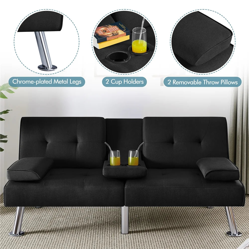 Fabric Upholstered Convertible Futon Sofa Bed with Cup Holders and Pillows, Black