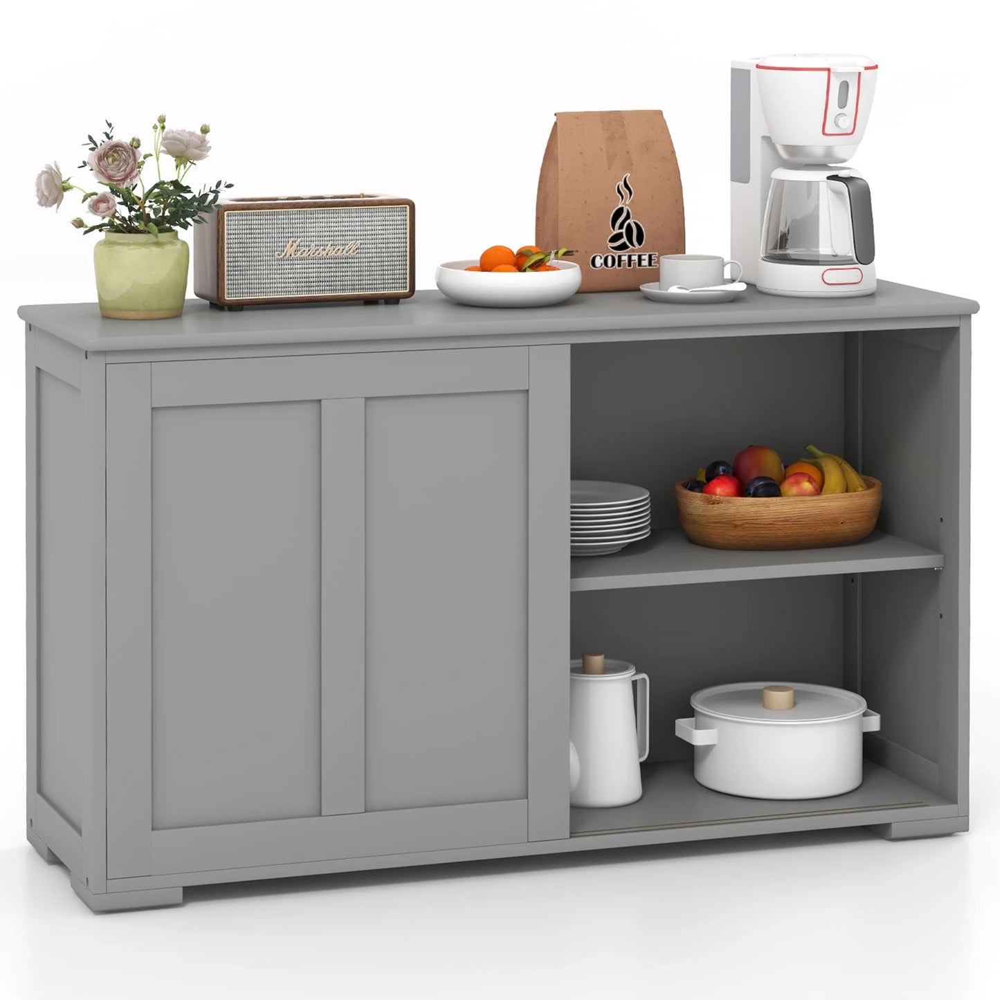 Kitchen Storage Cabinet Sideboard Buffet Cupboard Wood Sliding Door Pantry White