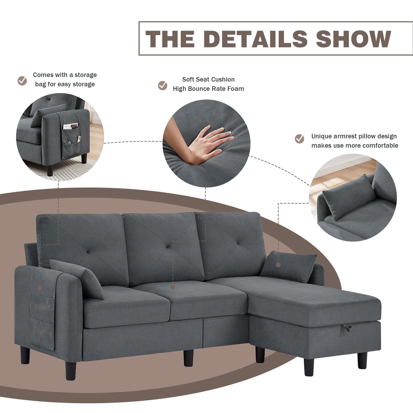 Convertible Sectional Sofa L Shaped Sofa Modern Fabric 3 Seat Couch with Reversible Storage Ottoman and Side Storage Pocket for Living Room Office Apartment Studio