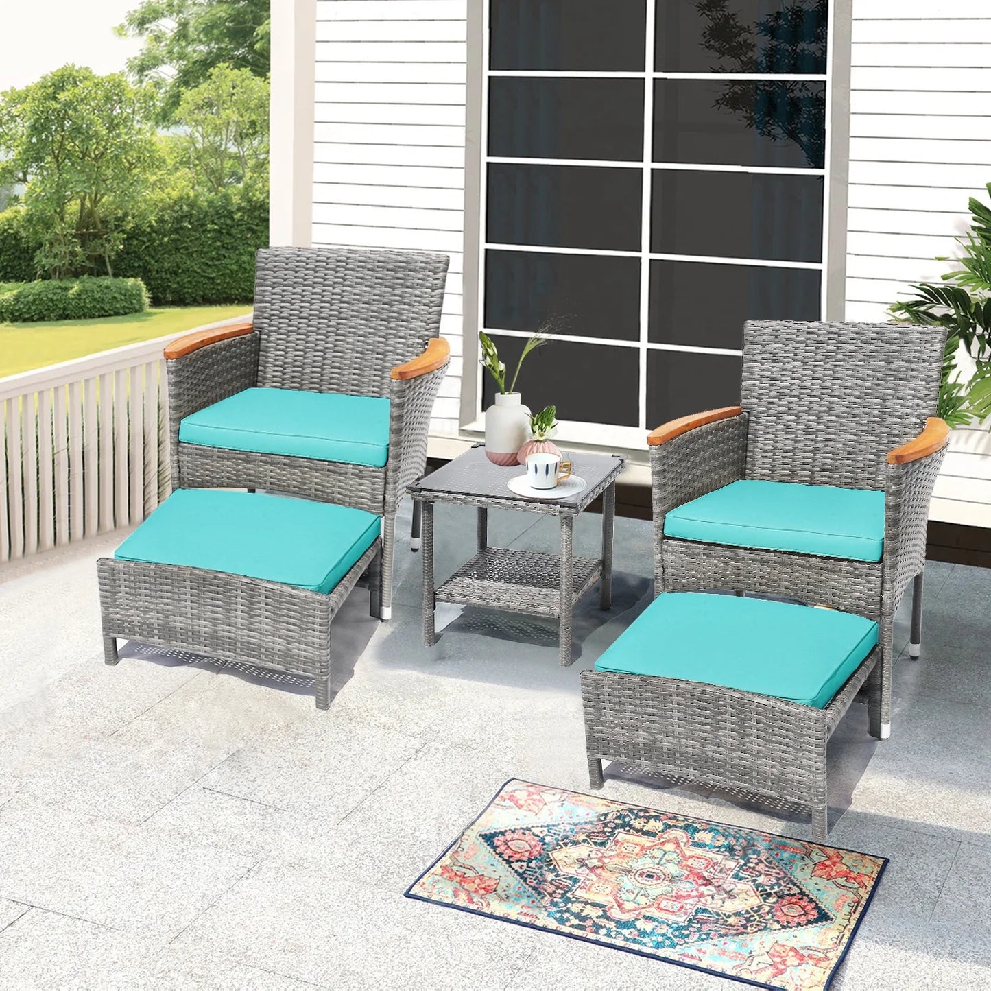 5 Piece Outdoor Patio Furniture Set with Table&Ottoman Outdoor Furniture Patio Set Bistro Wicker Patio Set (Brown Wicker&Khaki Cushion)
