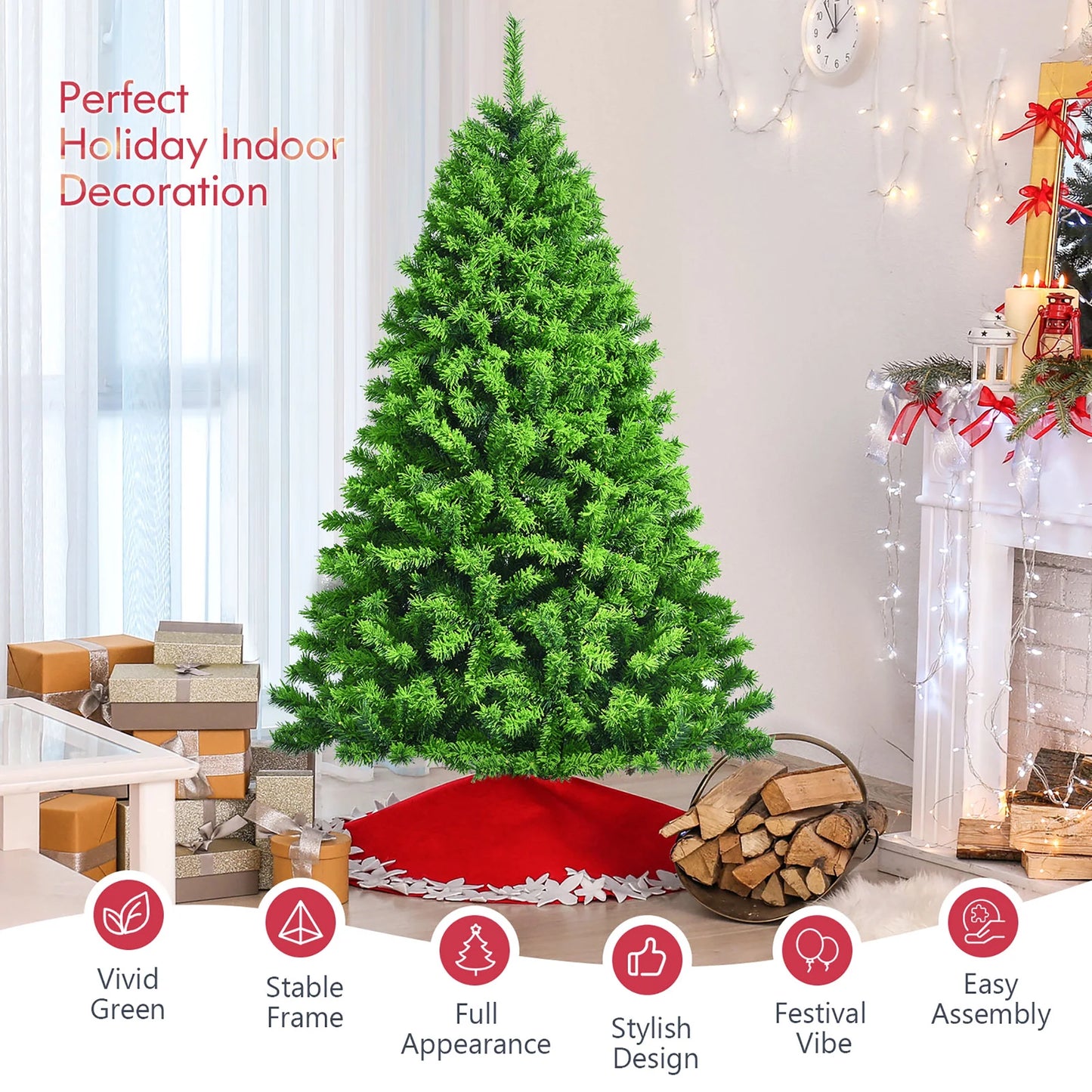 6.5Ft Green Flocked Hinged Artificial Christmas Tree W/ Metal Stand Green