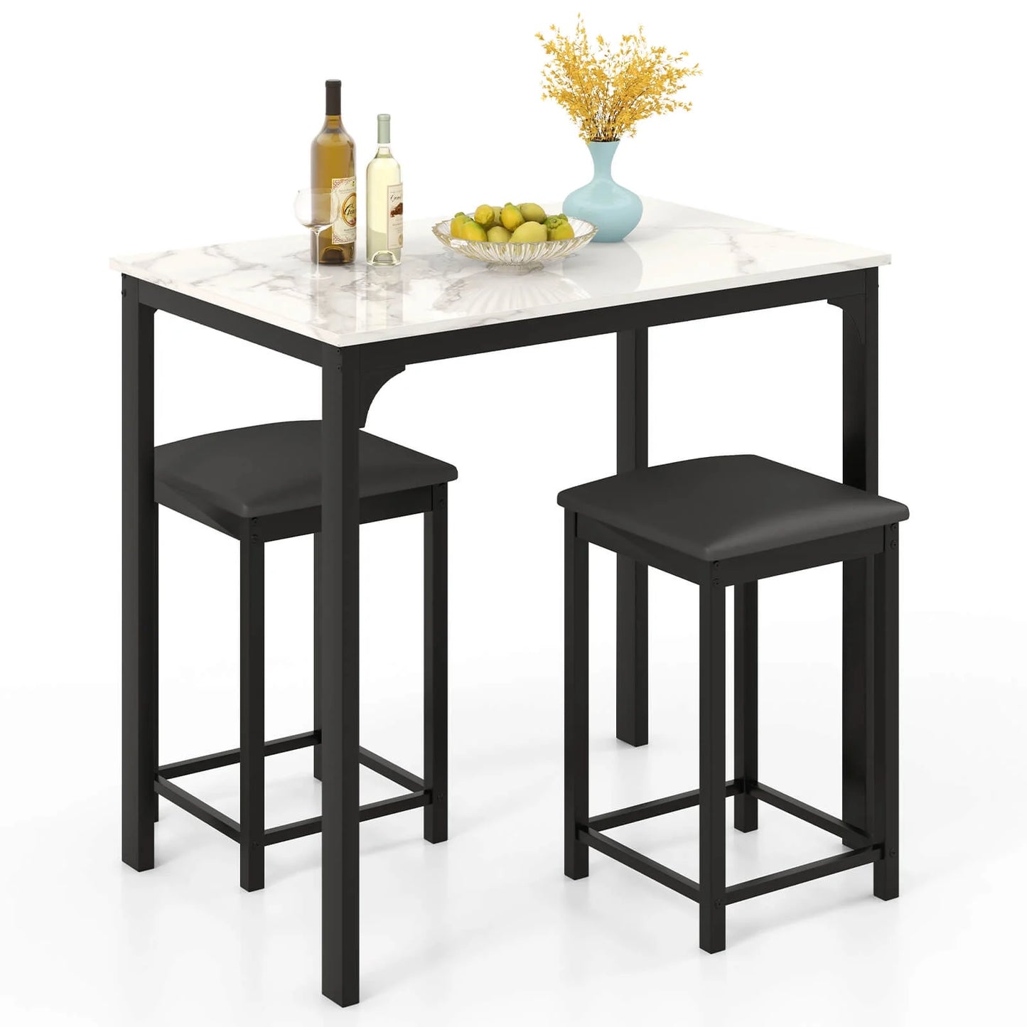 3 Piece Counter Height Dining Set Faux Marble Table and 2 Chairs Kitchen Bar