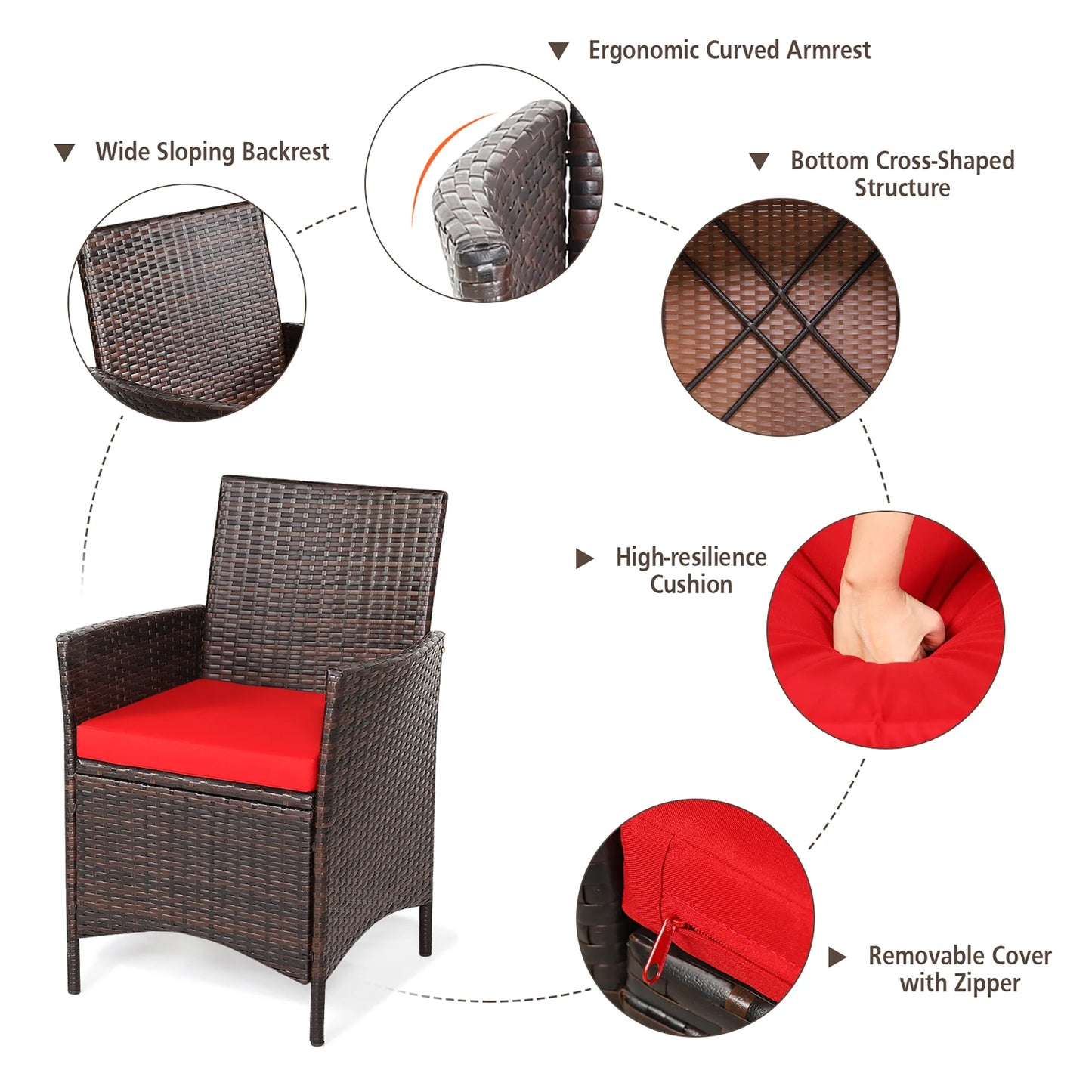 3PCS Patio Rattan Furniture Set Cushioned Sofa Glass Tabletop Deck Red