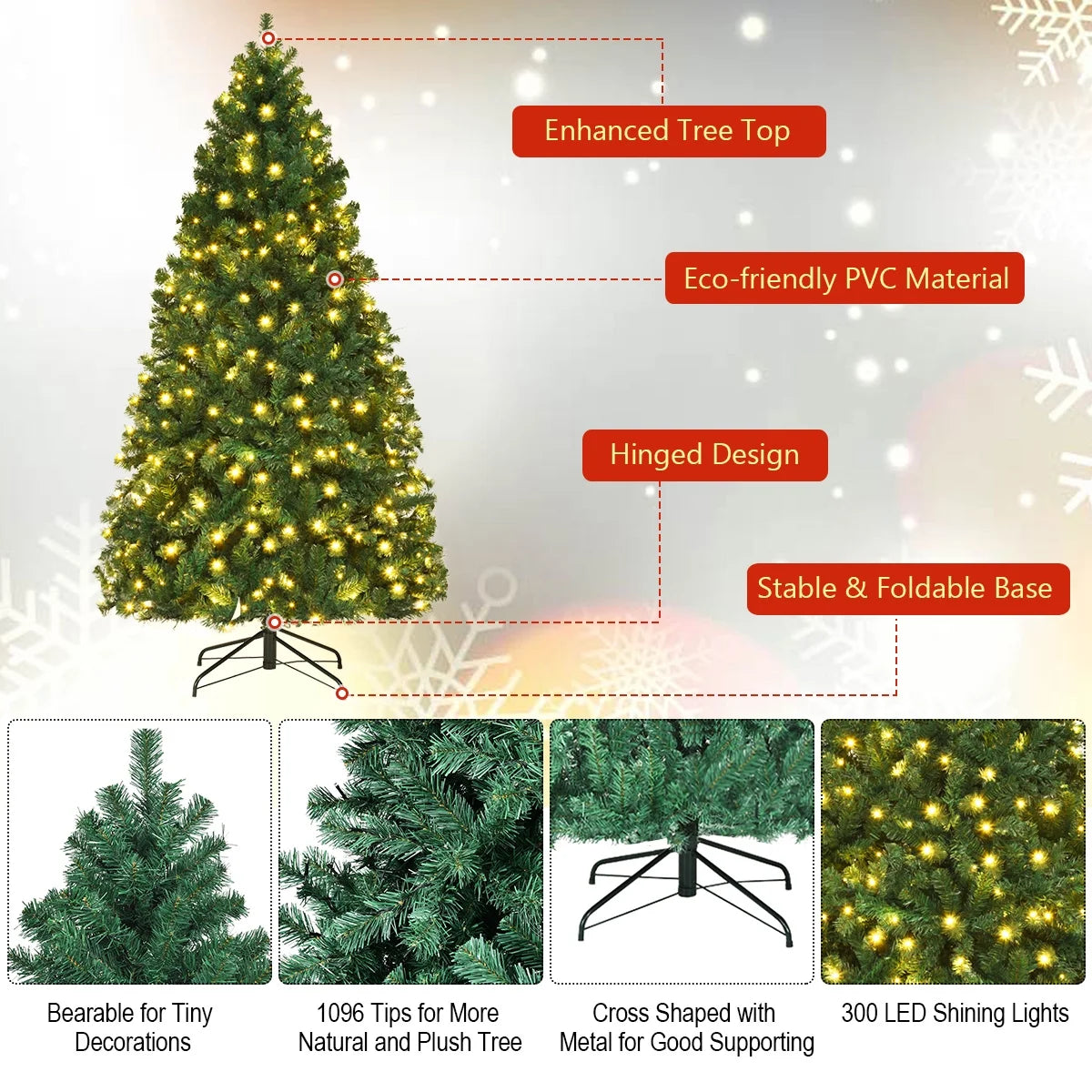 7Ft Pre-Lit PVC Hinged Christmas Tree 300 LED Lights Green
