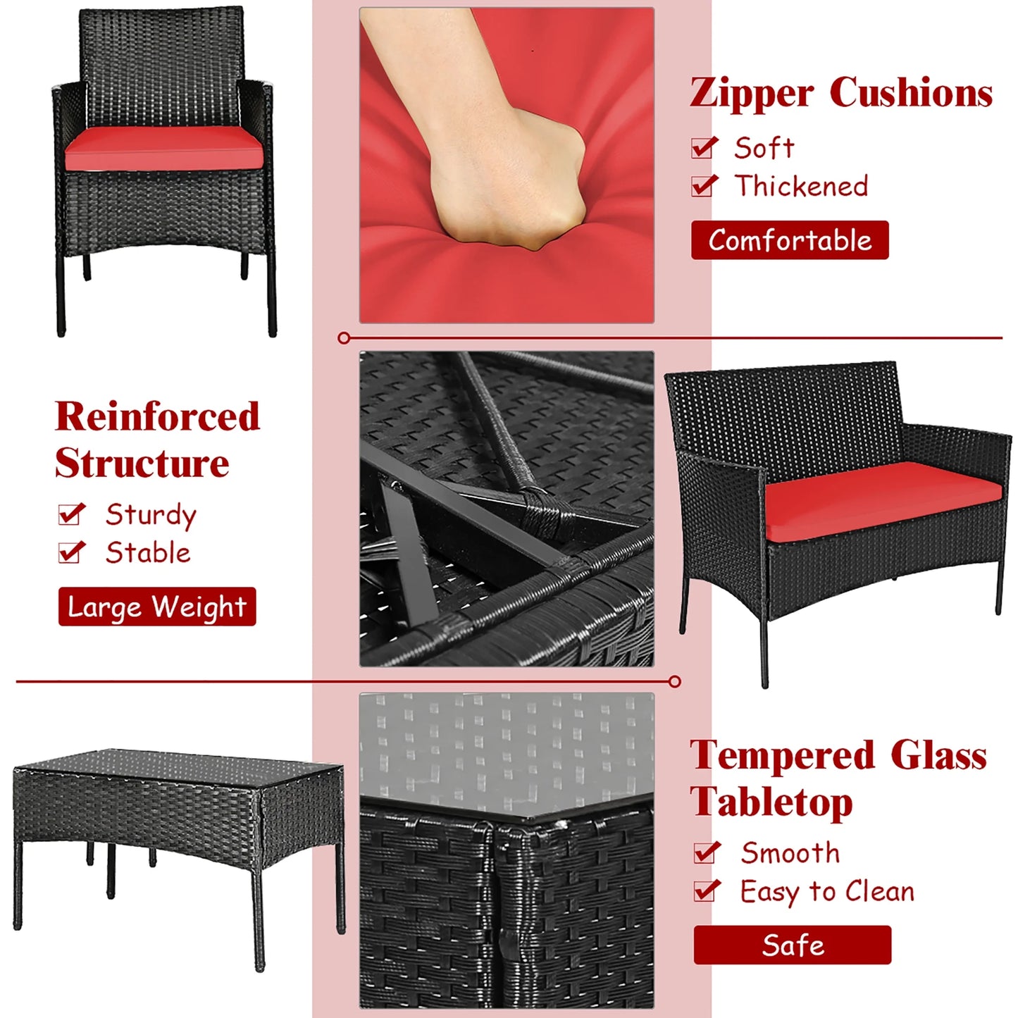 4PCS Patio Rattan Furniture Set Cushioned Sofa Coffee Table Backyard Porch Red