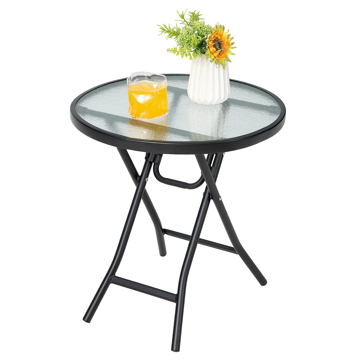 Patio Folding round Glass Side Table Bistro Coffee Table Plant Stand