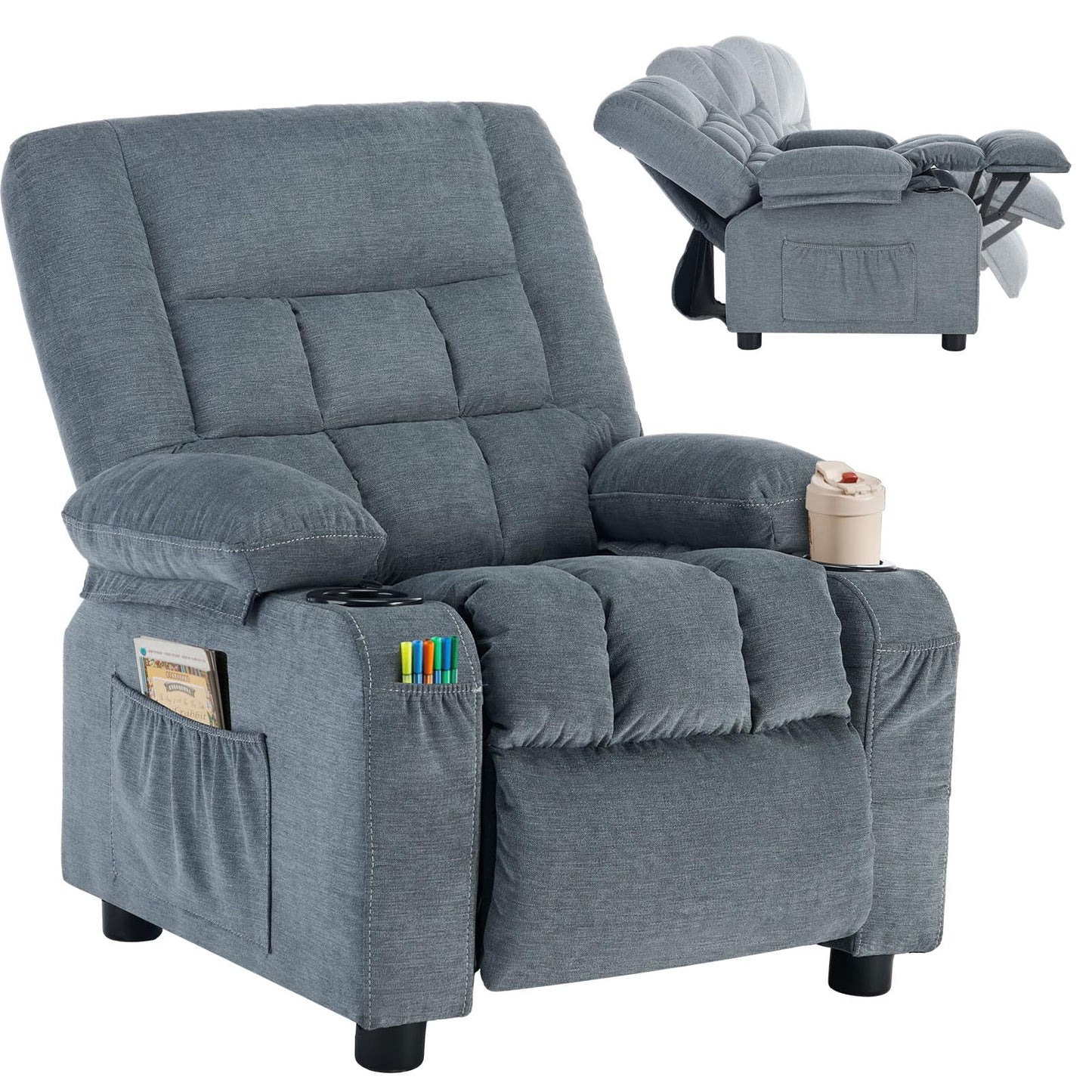 Kids Recliner Chair,Push Back Toddler Recliner with Cup Holders & Side Pockets,Adjustable Footrest & Headrest Kids Sofa for Boys Girls 3+ Age Group, Grey