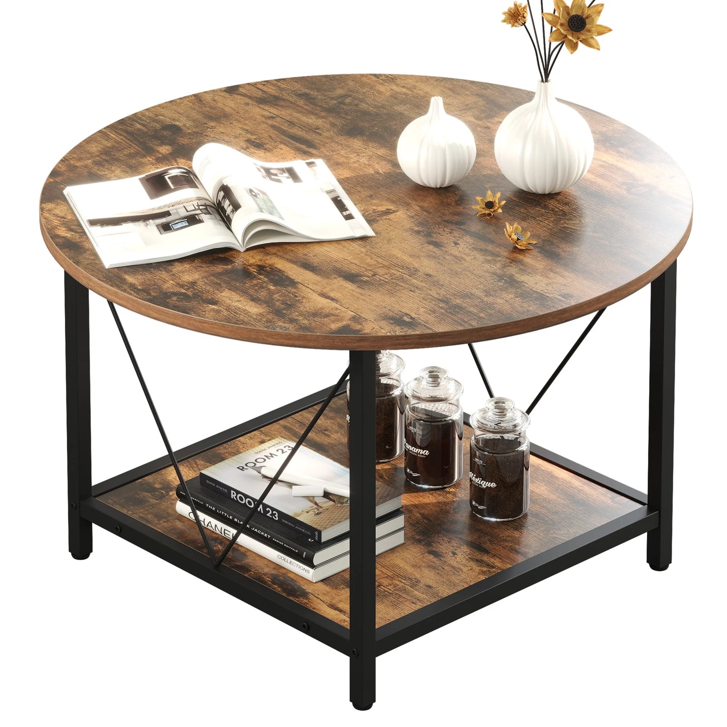 round Coffee Table with Storage, Rustic Living Room Tables with Sturdy Metal Legs, Brown