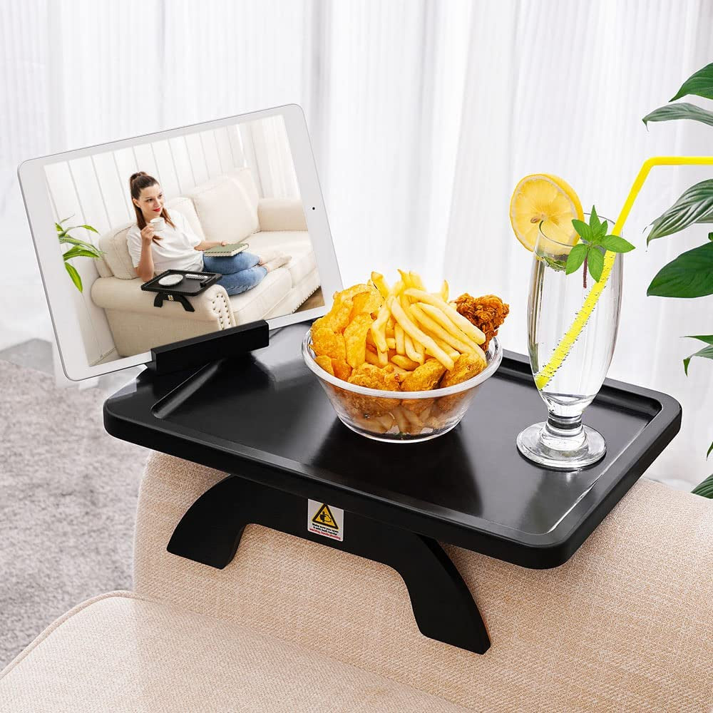 Couch Arm Table, Bamboo Sofa Clip on Tray Tables,Sofa Armrest Tray with 360° Phone Holder,Couch Armrest Table for Eating and Drinking