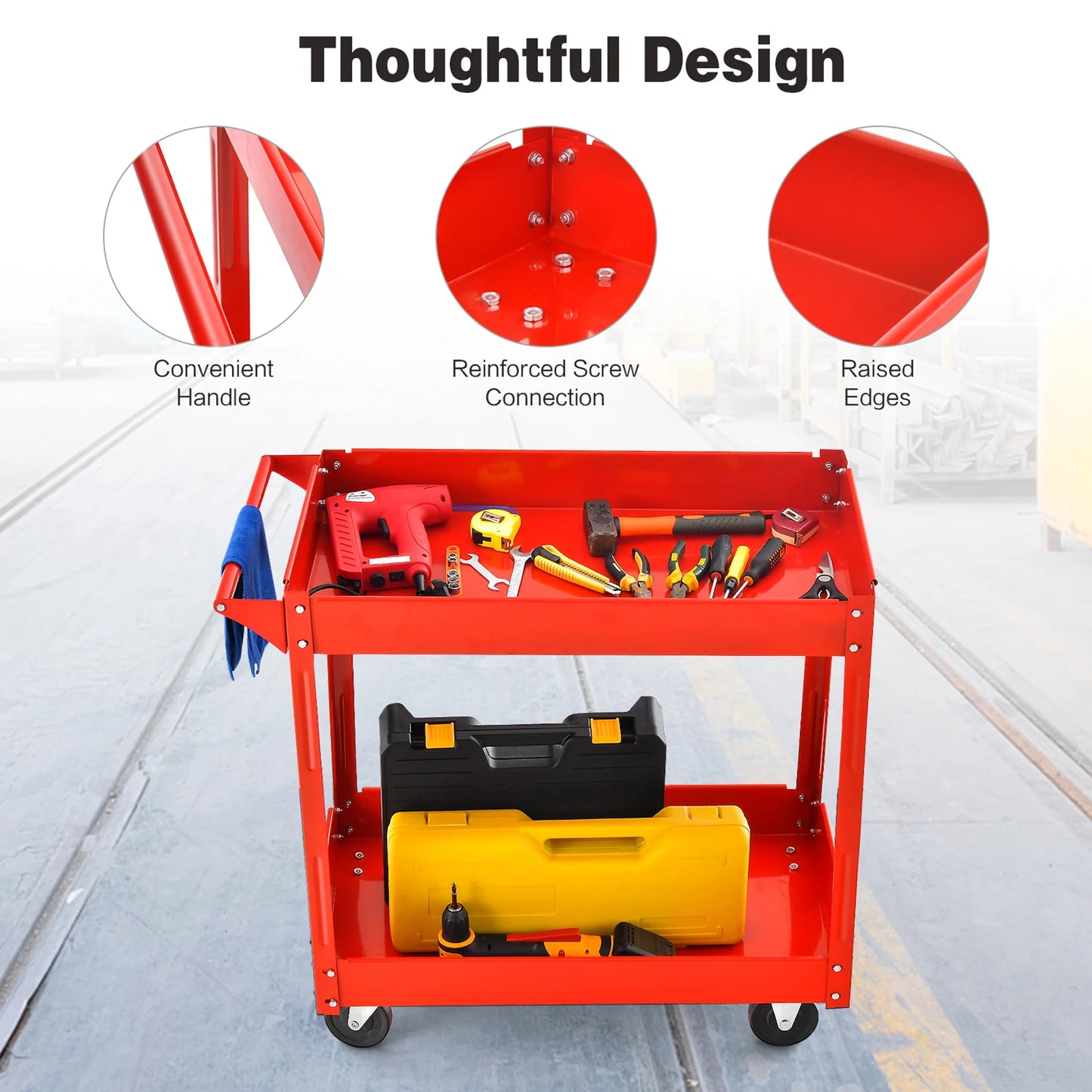 2-Tier Utility Cart Metal Service Cart Rolling Tool Storage Organizer with Handle Red