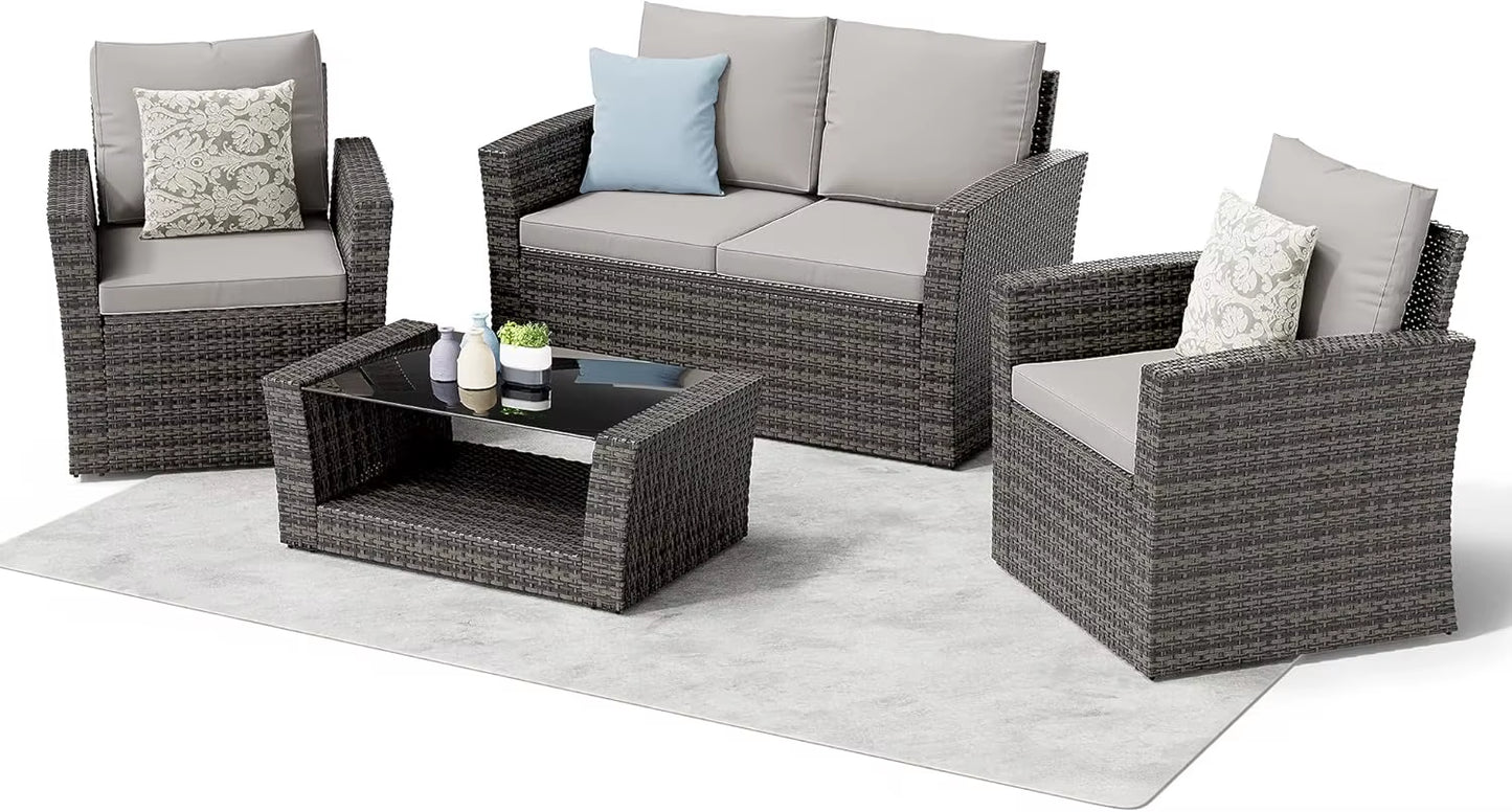 4 Piece Outdoor Patio Conversation Sets, Wicker Patio Furniture with Rattan Glass Table,Cushioned Patio Furniture Set for Garden