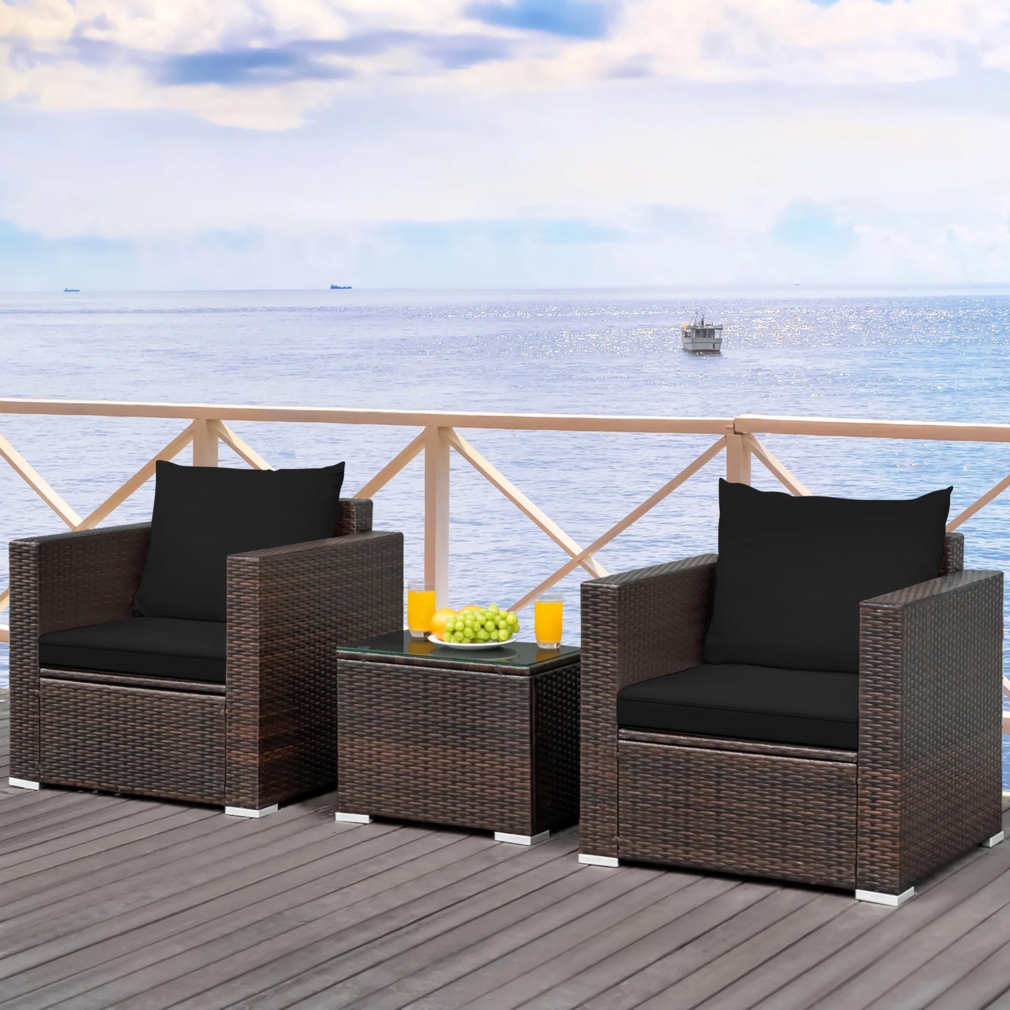 3PCS Patio Rattan Furniture Set Conversation Sofa Cushioned Garden Red