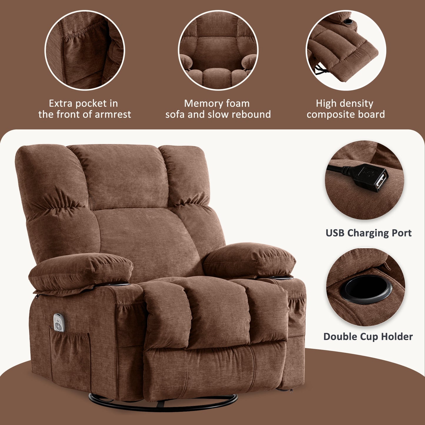 Massage Swivel Rocker Recliner Chair with Vibration Massage and Heat Ergonomic Lounge Chair for Living Room with Rocking Function and Side Pocket, 2 Cup Holders, USB Charge Port,Brown