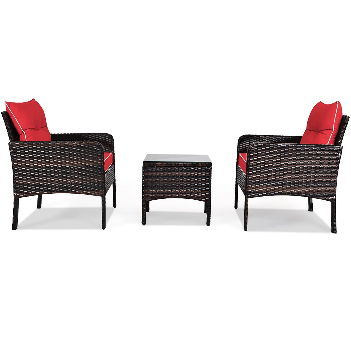 3PCS Outdoor Rattan Conversation Set Patio Furniture Cushioned Sofa Chair Red