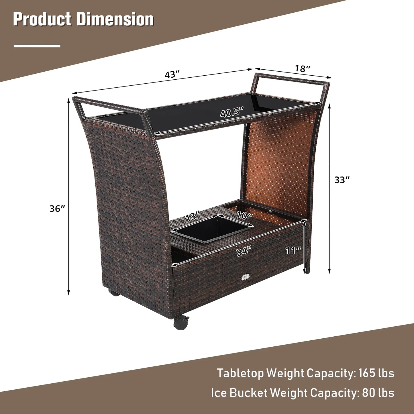 Patio Rolling Rattan Kitchen Trolley Cart Dining Aluminum Frame with Storage Box